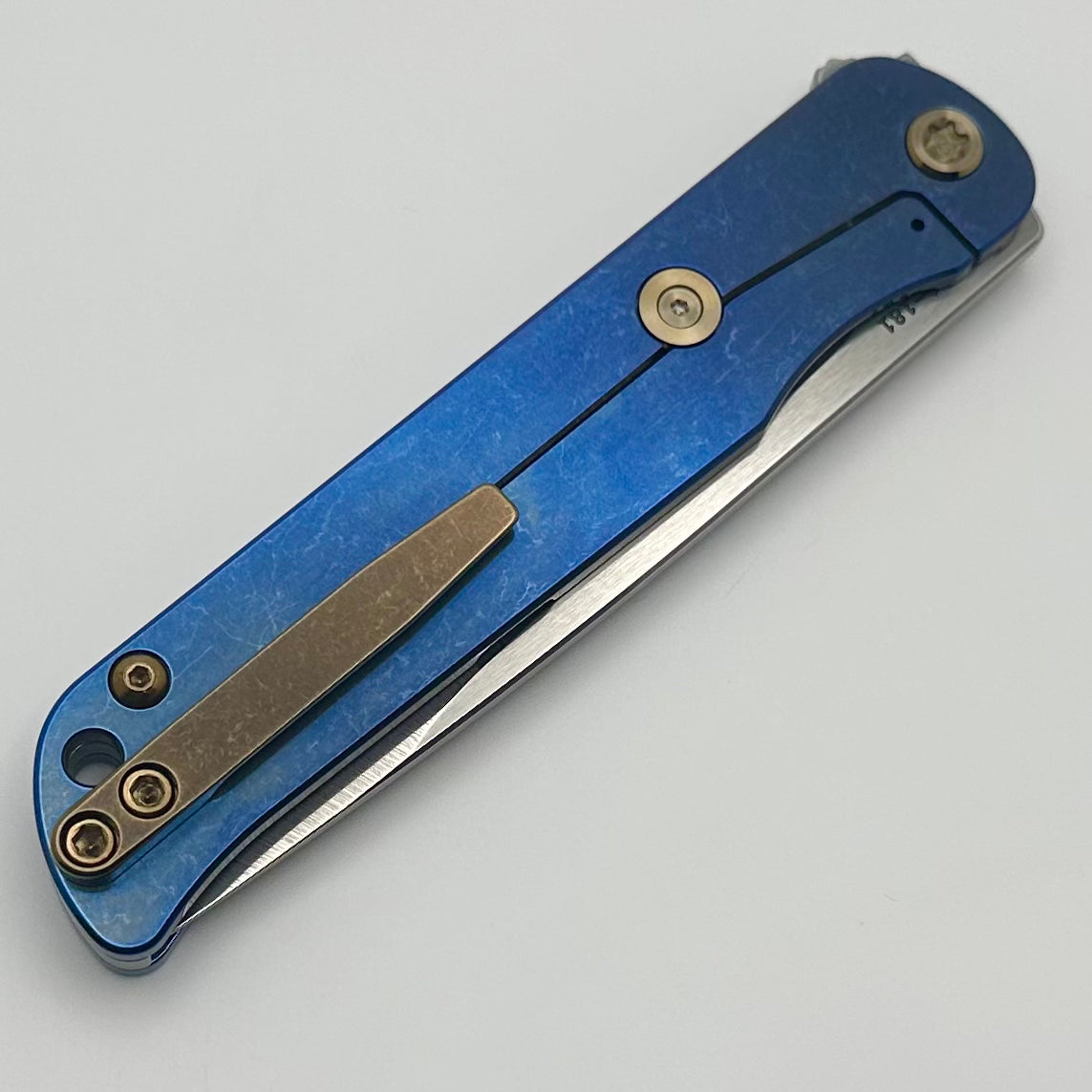 Medford T-Bone Blue Tumbled Titanium Framelock Flipper w/ Mosaic Inlaid Handles & Bronze Hardware w/ Tumbled S45VN Drop Point