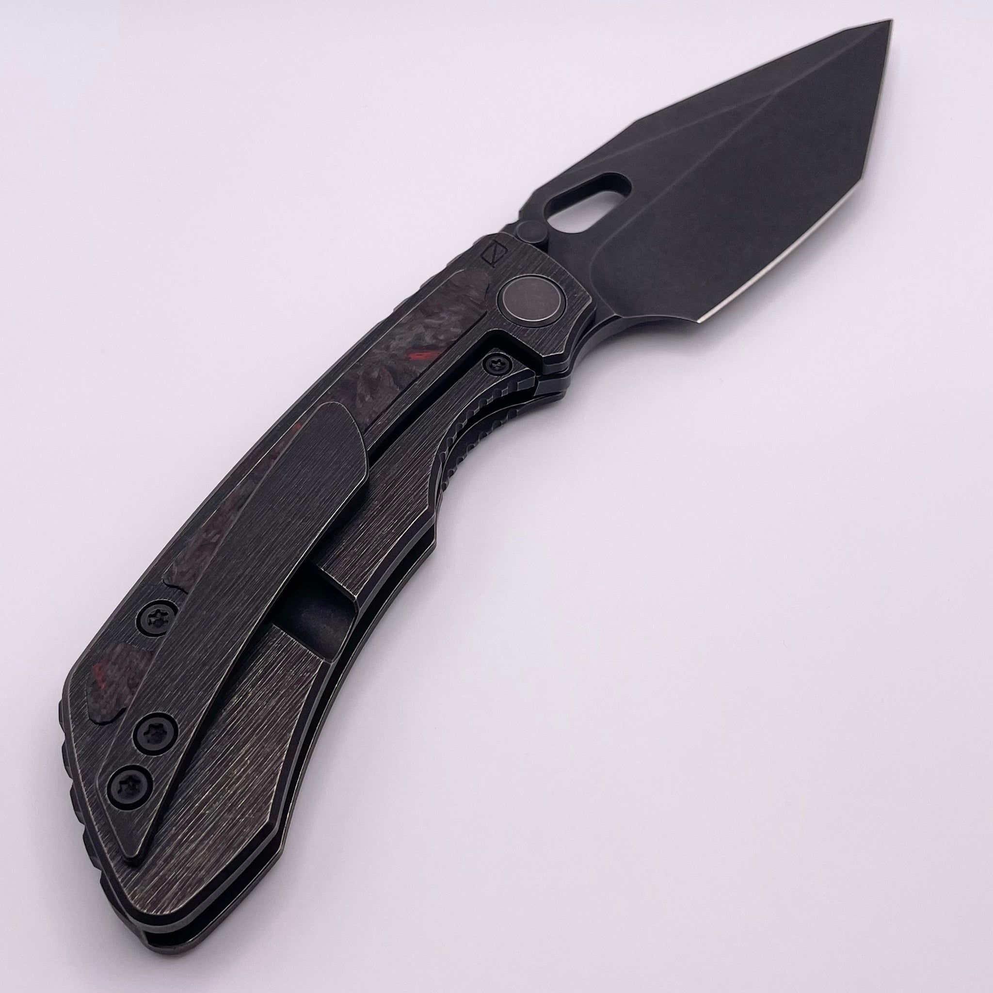 PRE OWNED Custom Knife Factory Rotten Design Evo T Carbon Fiber Inlaid Blackwash Handles w/ Blackwash S90V