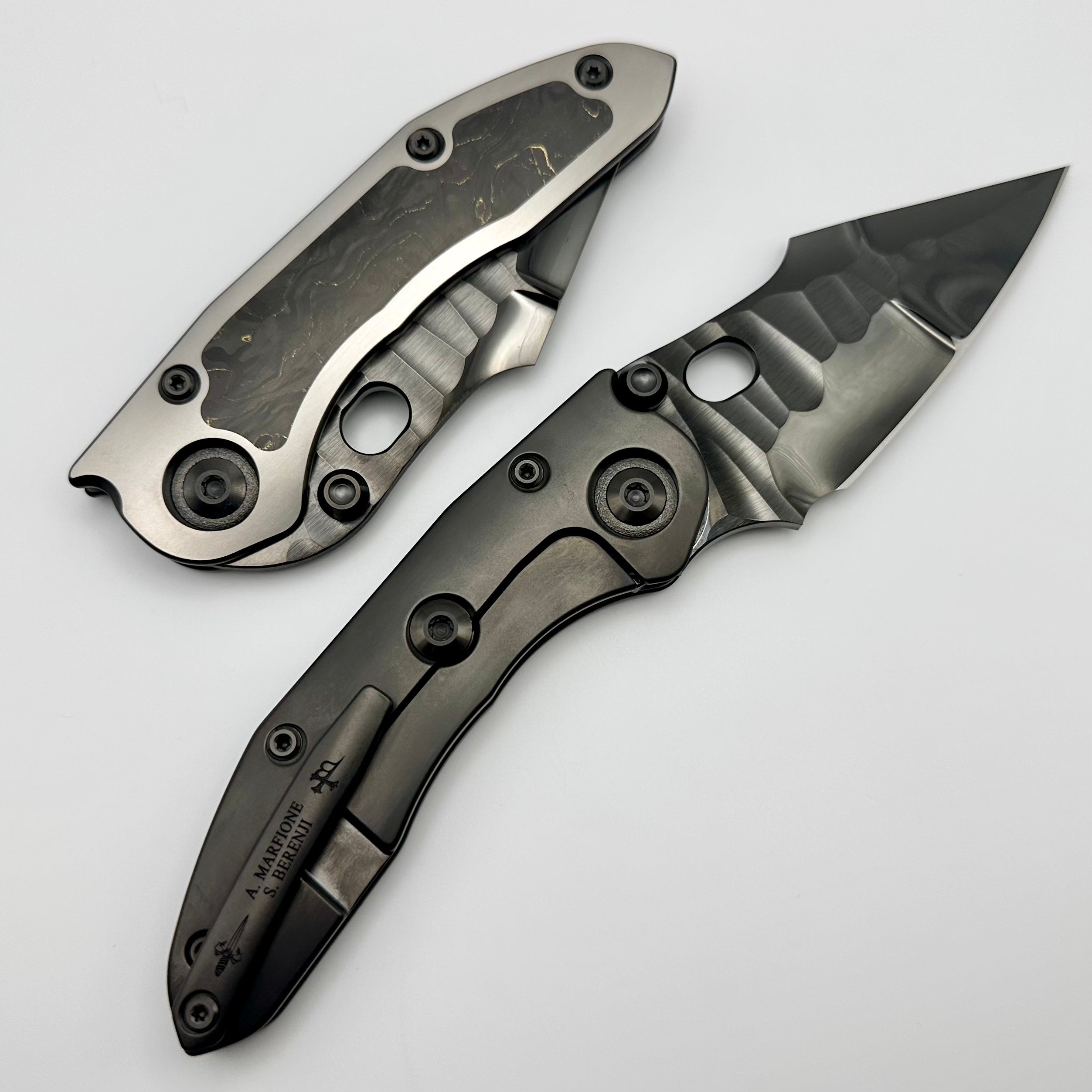 Marfione Custom Knives & Borka Blades Darkstar Stitch w/ Diamond Wash Rocked Double Star Grind M390 & Two Tone Satin/DLC w/ Peso Gold Carbon Fiber Inlaid Titanium