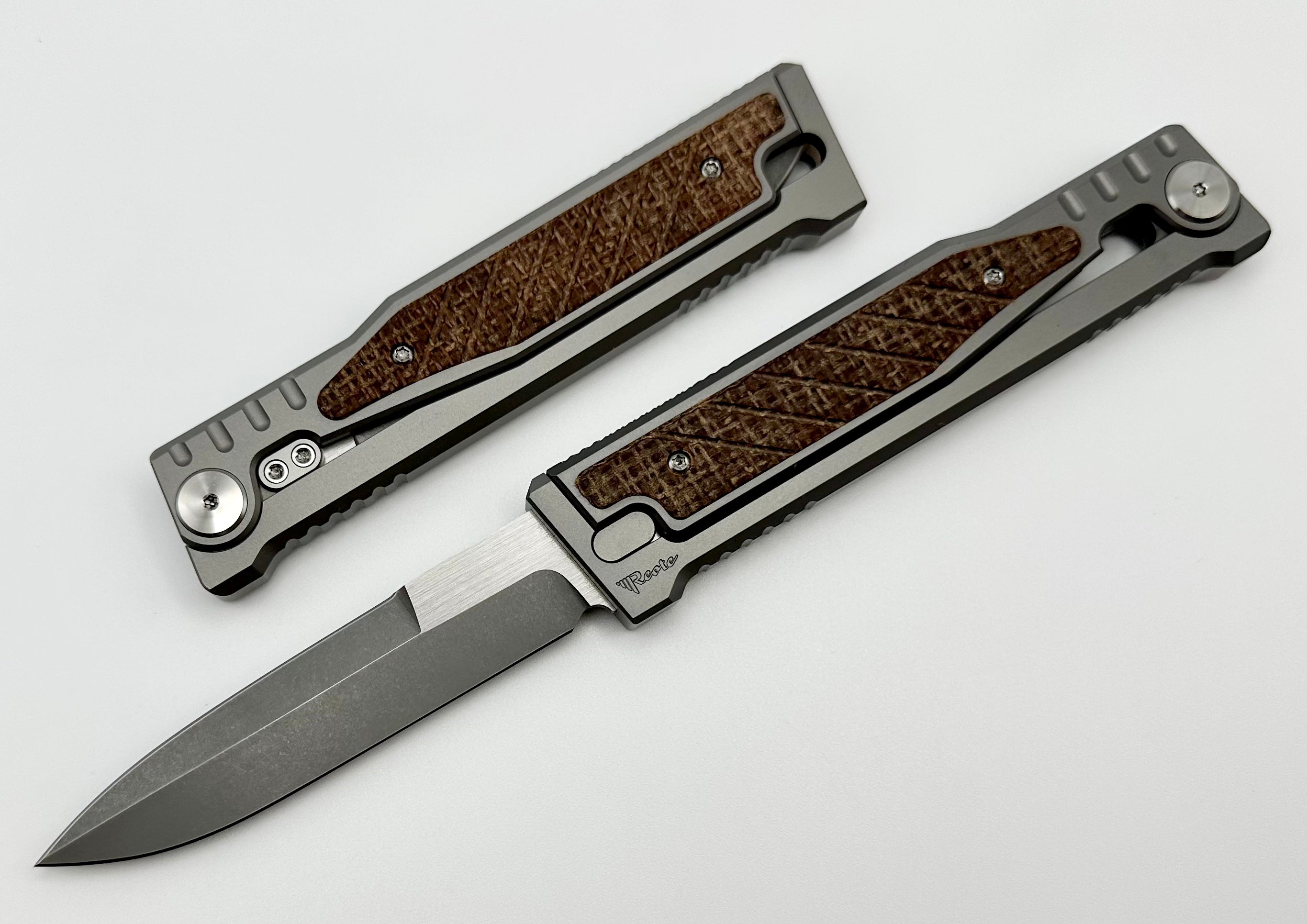 Reate EXO Exoskeleton Design Titanium/Burlap Micarta & CPM-3V Double Edge