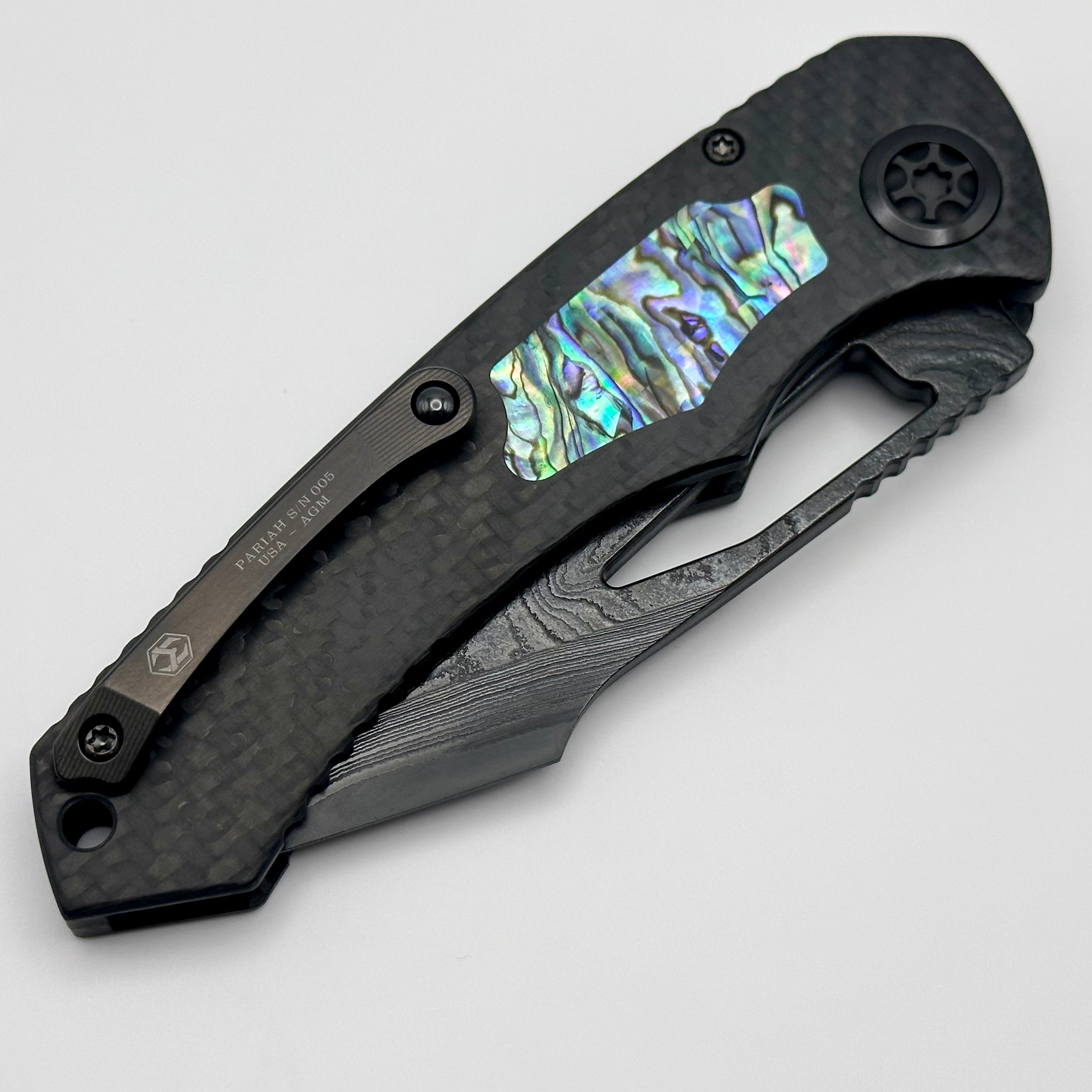 Heretic Knives Pariah Custom M/A Button Lock Carbon Fiber & Abalone Inlay w/ DLC Vegas Forge Wood Grain San Mai Damascus S/N 005