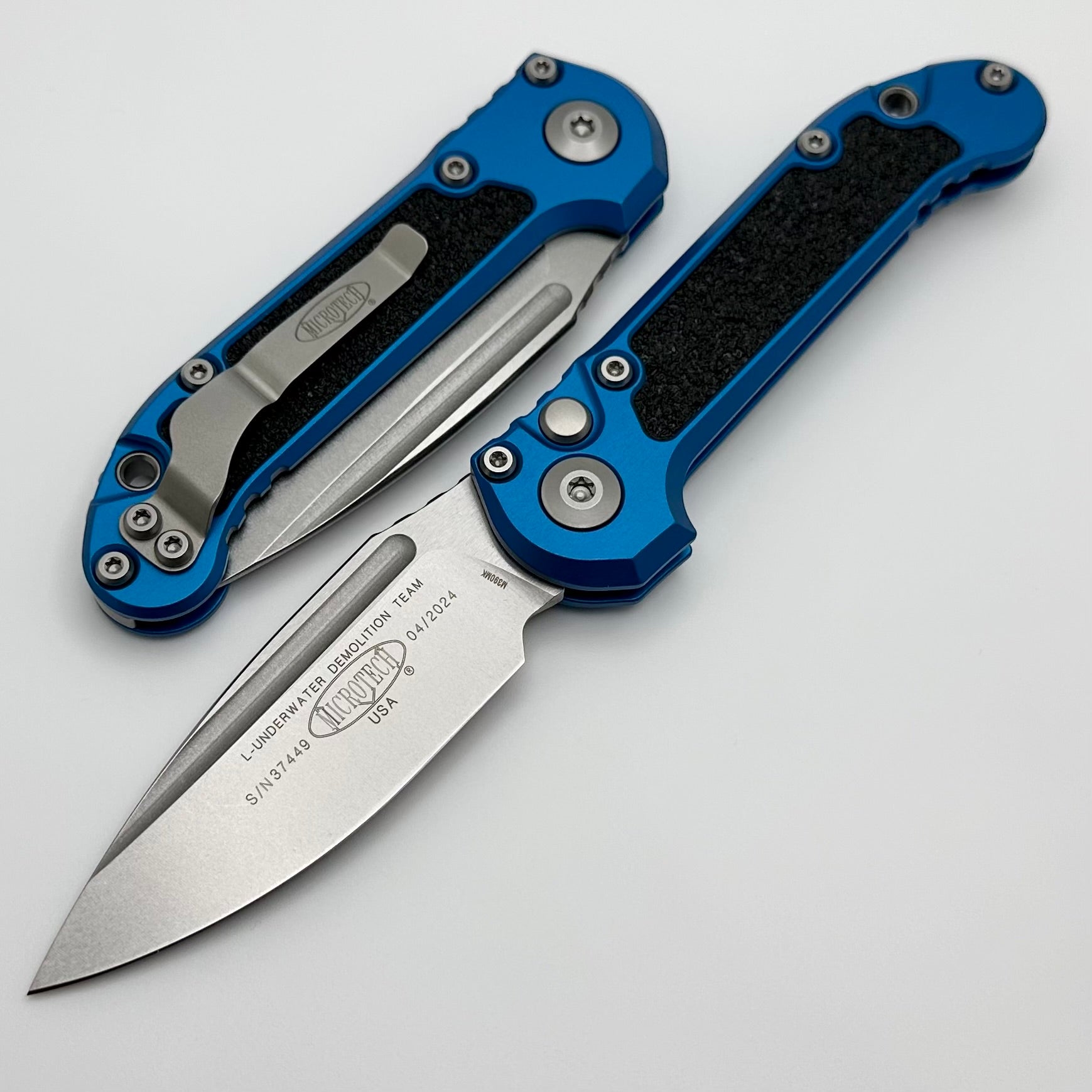 Microtech Knives LUDT Gen III Stonewash Drop Point w/ Blue Handle 1135-10BL