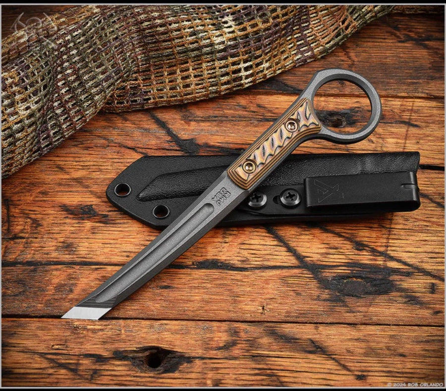 RMJ Tactical Stabby Guy Cobalt Cerakote CPM-3V & Hyena Brown G-10 w/ Bronze Hardware