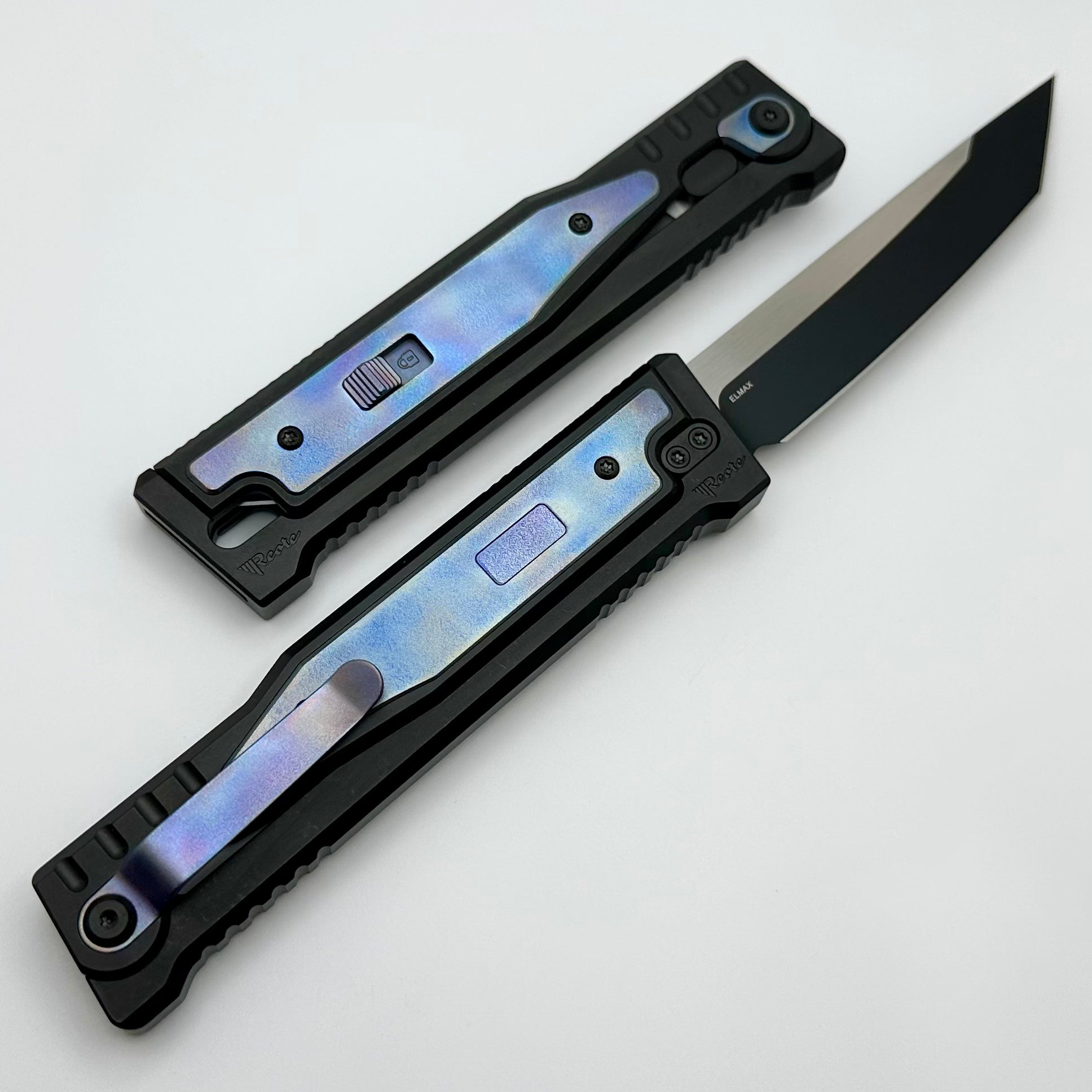 Reate EXO Exoskeleton Design V2 Flamed Titanium & Two Tone Black PVD Tanto w/ Blue Accents