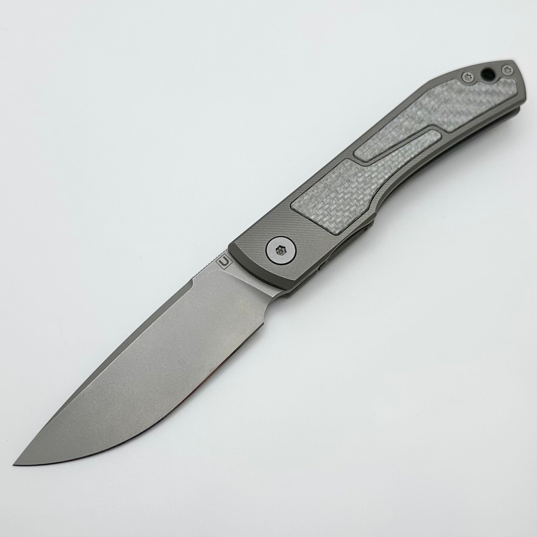 Uldanov Custom Knives Sierra w/ Milled Titanium/Silver Twill Carbon Fiber Inlays & M398 Front Flipper #60