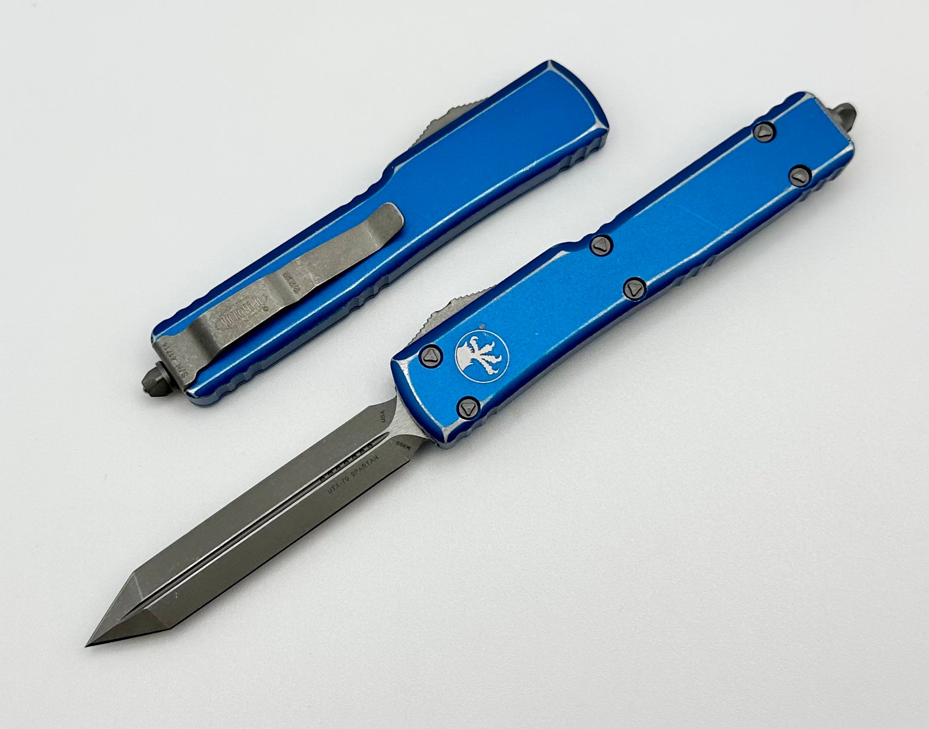 Microtech UTX-70 Spartan Apocalyptic Standard & Distressed Blue 249-10DBL