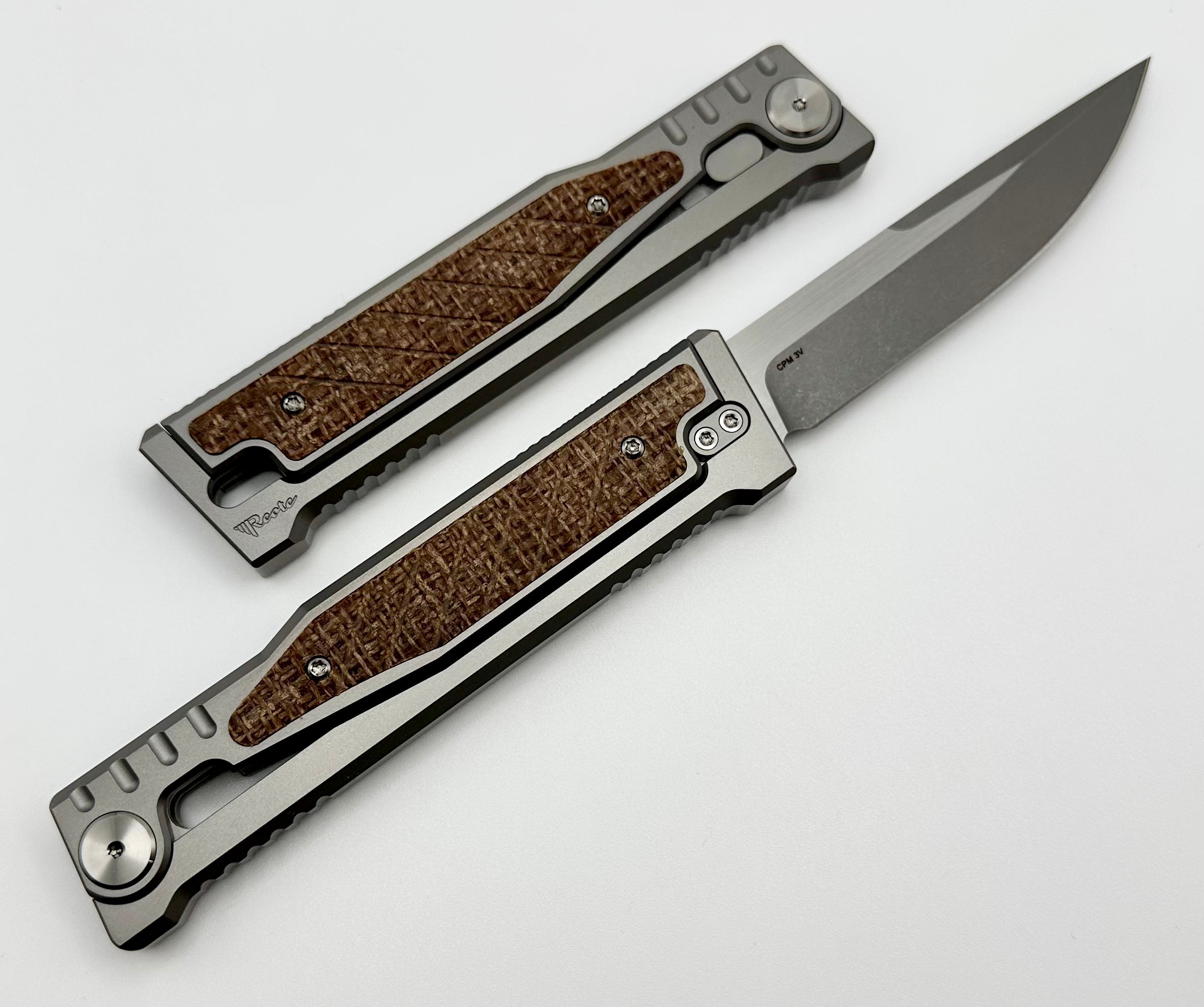 Reate EXO Exoskeleton Design Titanium/Burlap Micarta & CPM-3V Drop Point