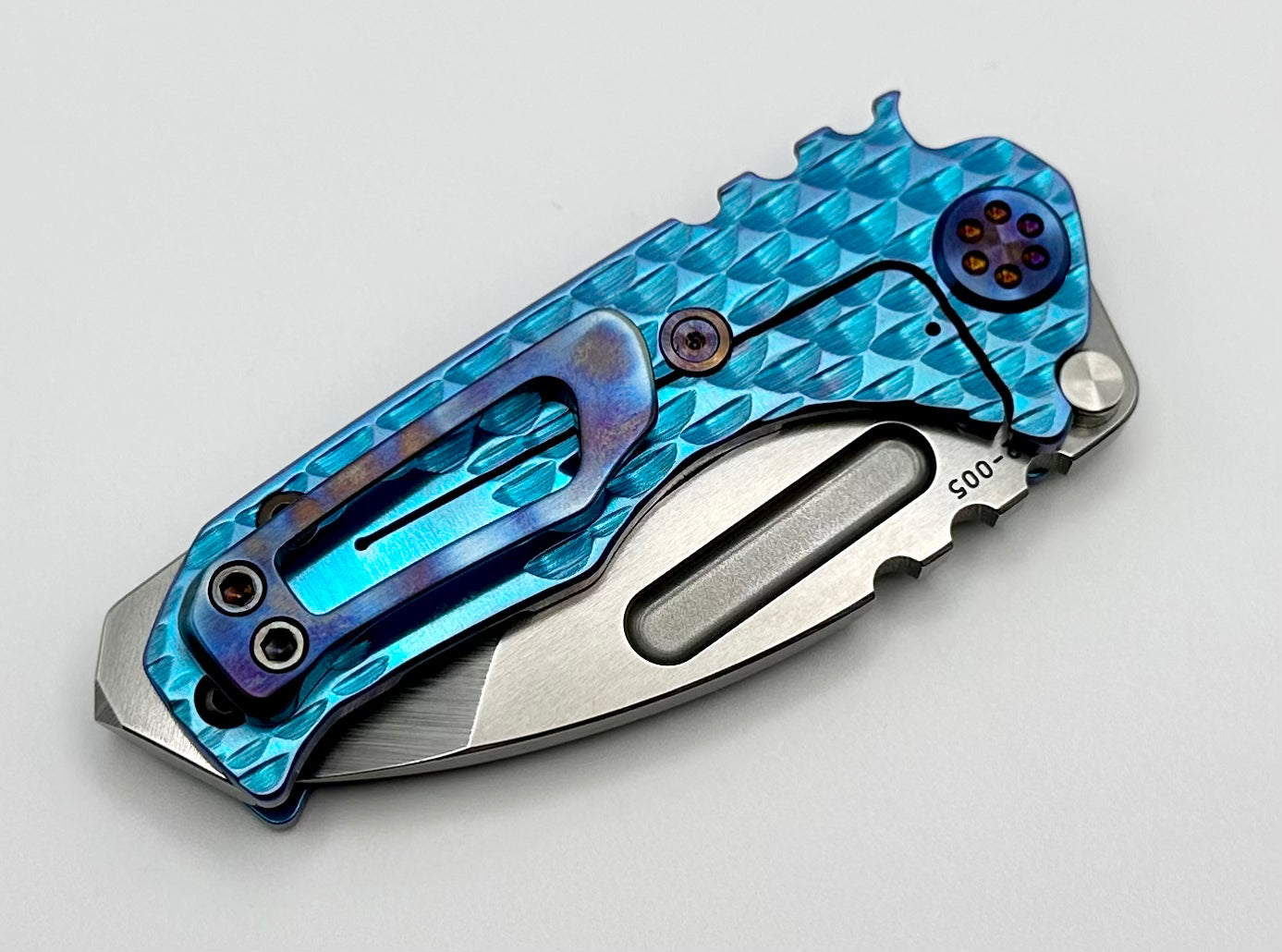 Medford Micro Praetorian T w/ S45 Tumbled Tanto & Blue Dragon Skin Handles w/ Flamed Hardware/Clip