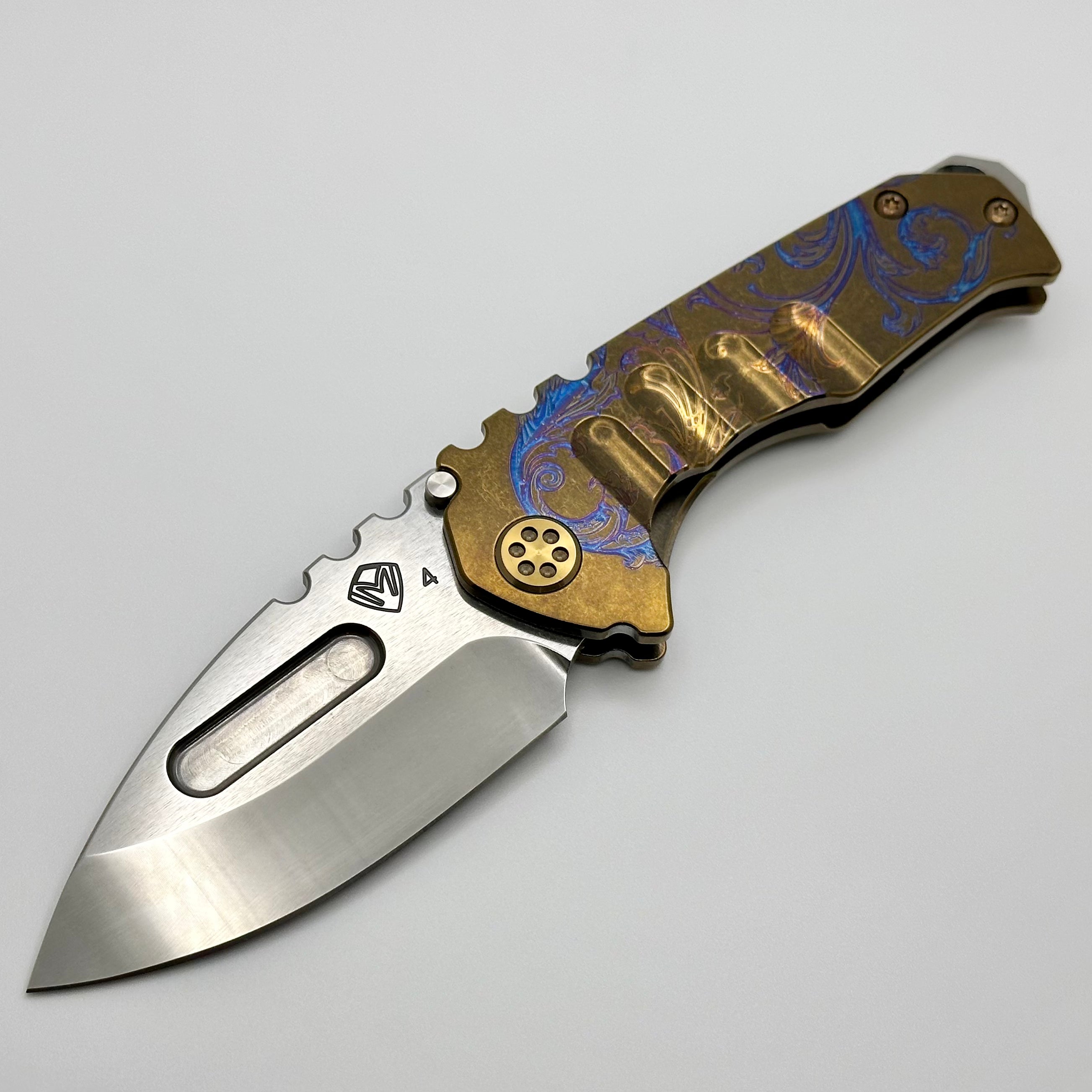 Medford Praetorian Genesis T S45 Tumbled Drop Point & Bronze Deep Engraved Laurel Leaf Filigree Handles w/ Bronze Hardware/Clip