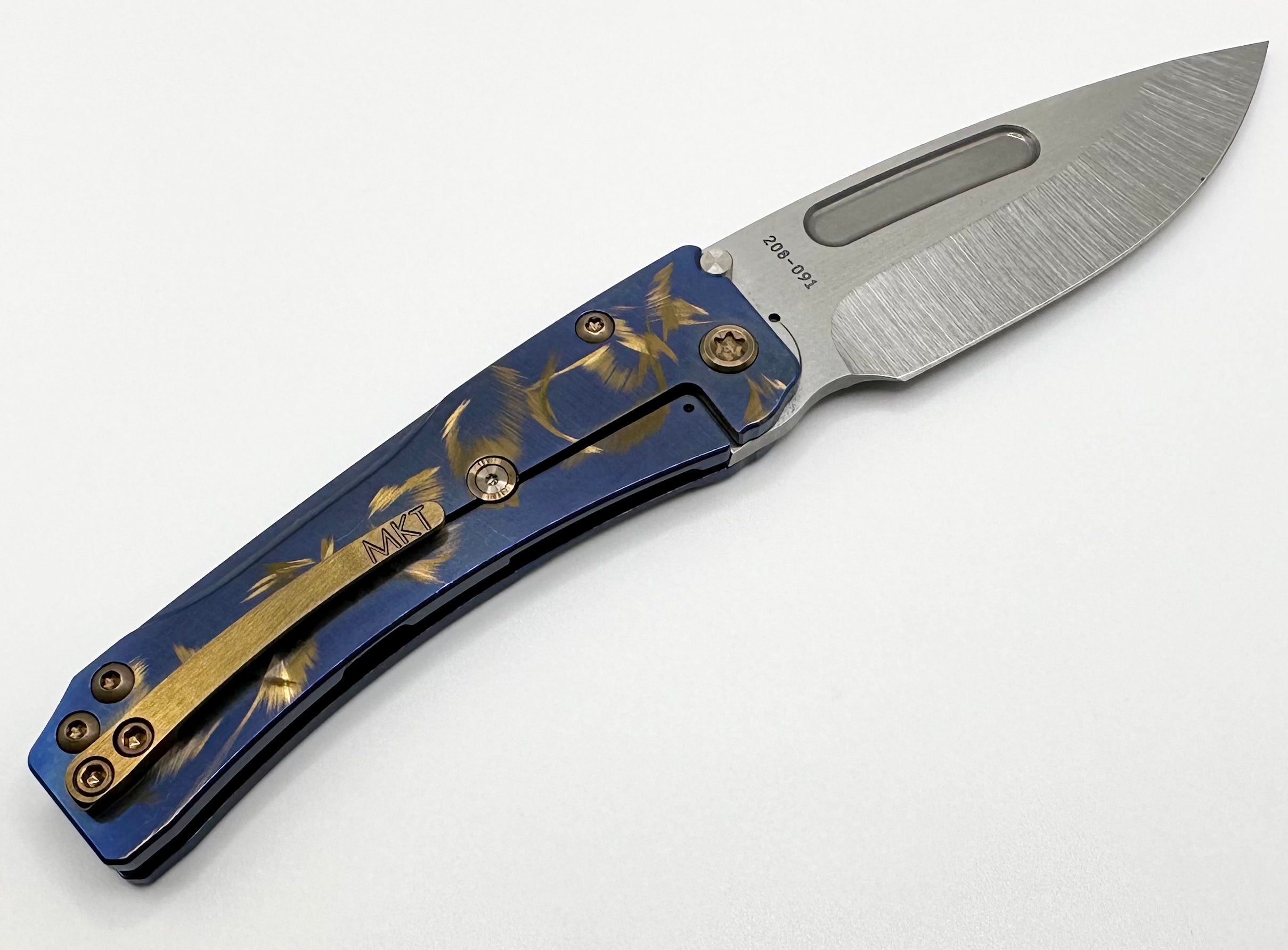 Medford Knife Slim Midi S45 Tumbled Drop Point w/ Blue/Bronze Birds of Paradise Handles & Bronze Hardware/Clip