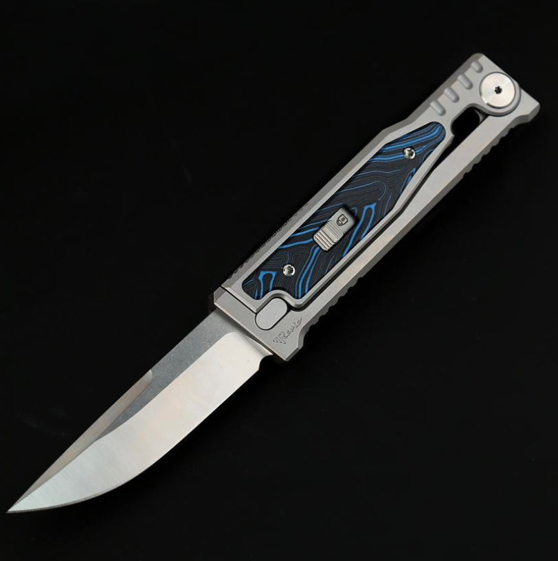 Reate EXO M Blue/Black Damascus Pattern G-10 & Satin/Stonewash Drop Point