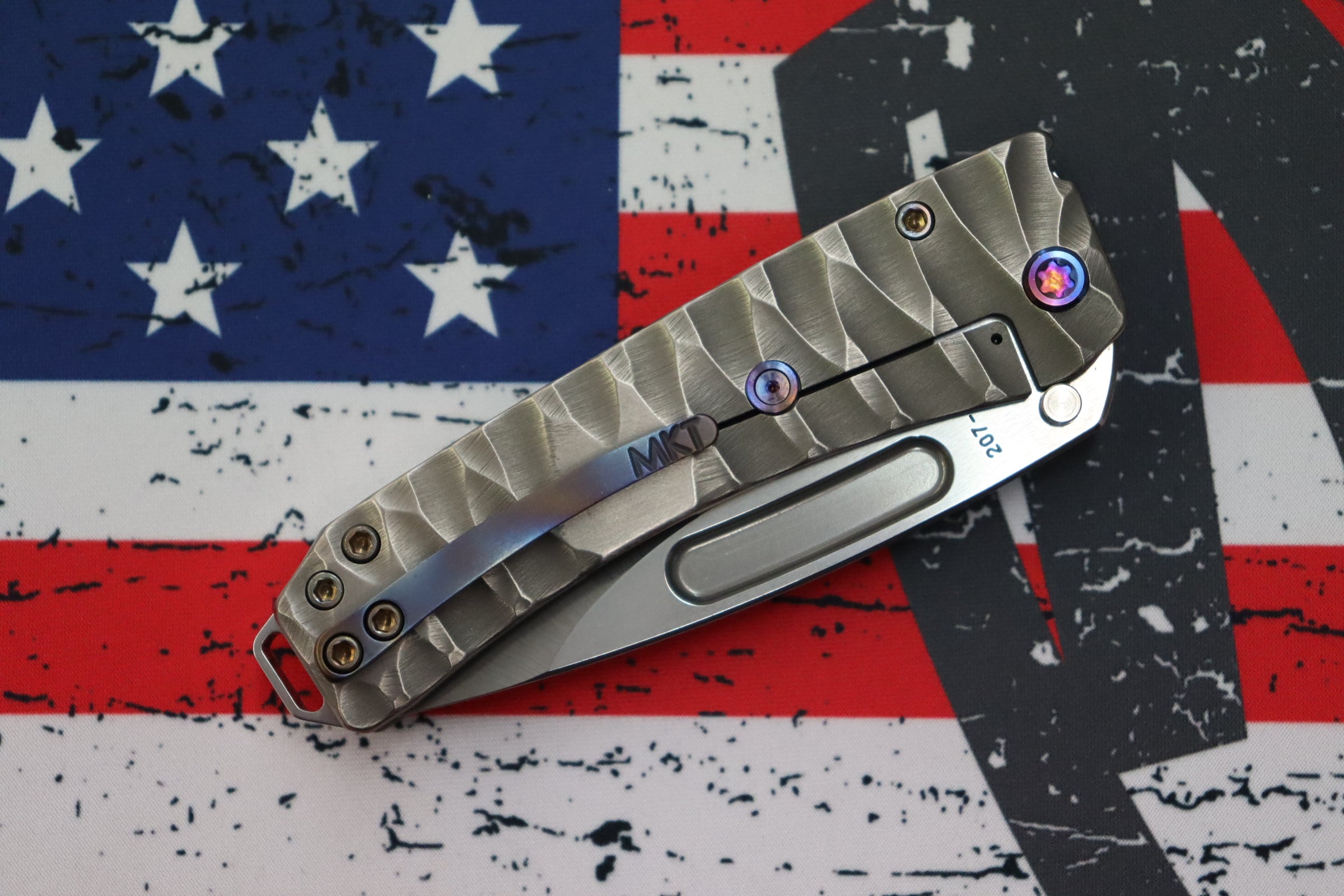 Medford Midi Marauder Tumbled S35 Drop Point & Bead Blast/Brushed Silver Predator Sculpted Handles w/ Flamed Hardware/Clip