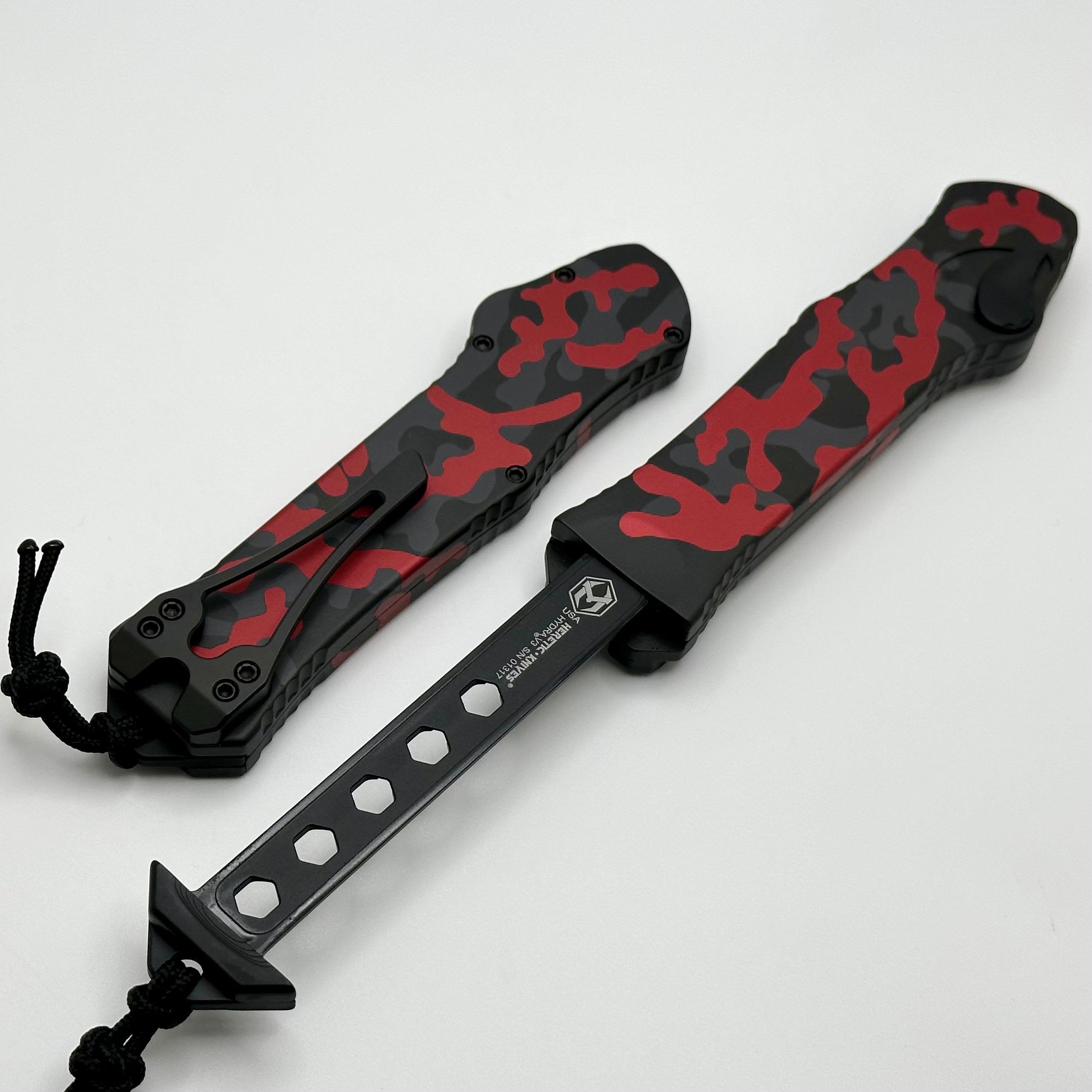 Heretic Hydra V3 Red Camo Aluminum Handle & Two Tone Cerakote Recurve Serrated MagnaCut H008-10B-RCAMO