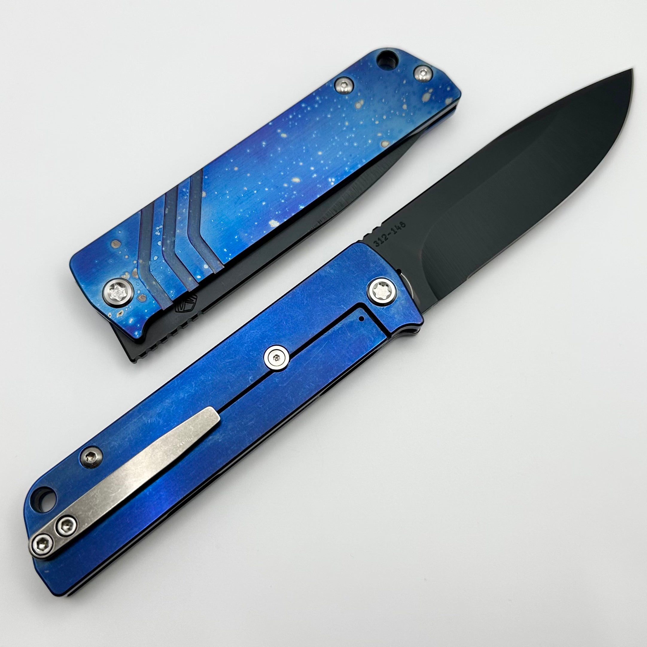 Medford Antik Front Flipper DLC S45 Drop Point & Flamed/Blue Tumbled Titanium Handles