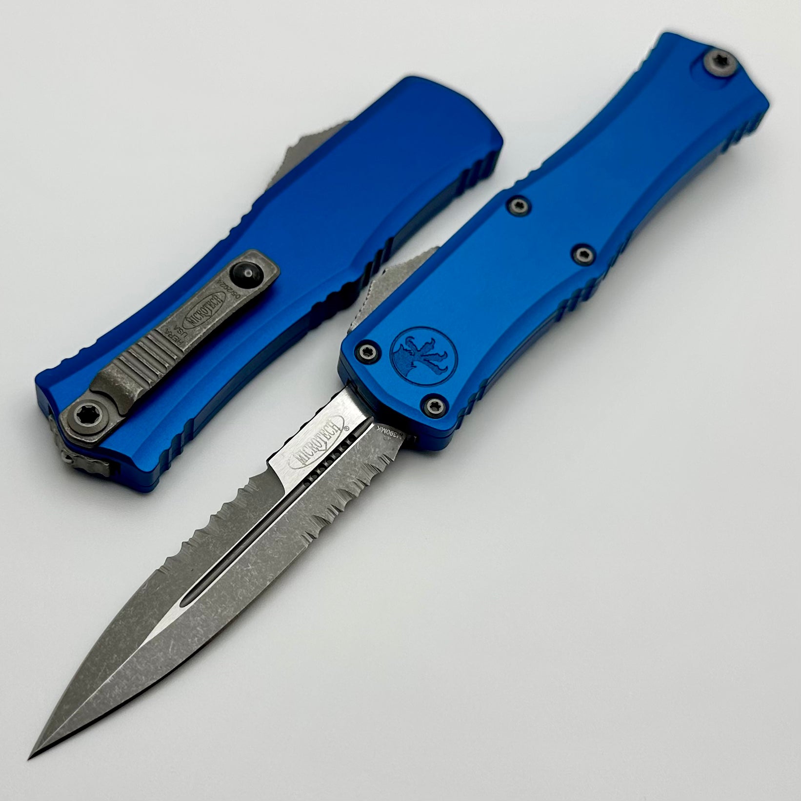 Microtech Knives Mini Hera Partial Serrated Apocalyptic Bayonet M390MK w/ Blue Handle 1701M-11APBL