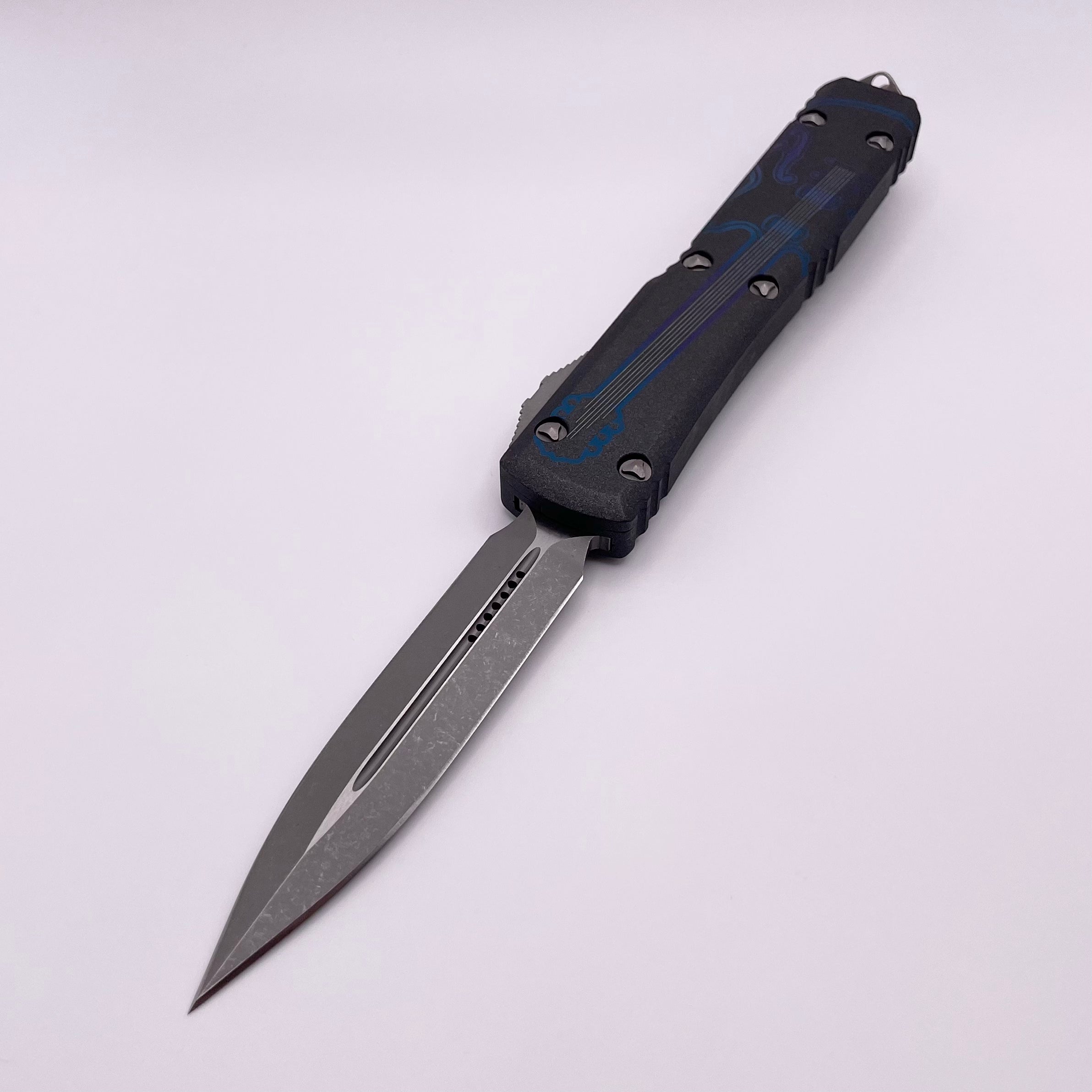 PRE OWNED Microtech Ultratech NCKS 2023 Blue & Purple Double Edge Apocalyptic Standard 122-10APNCKS