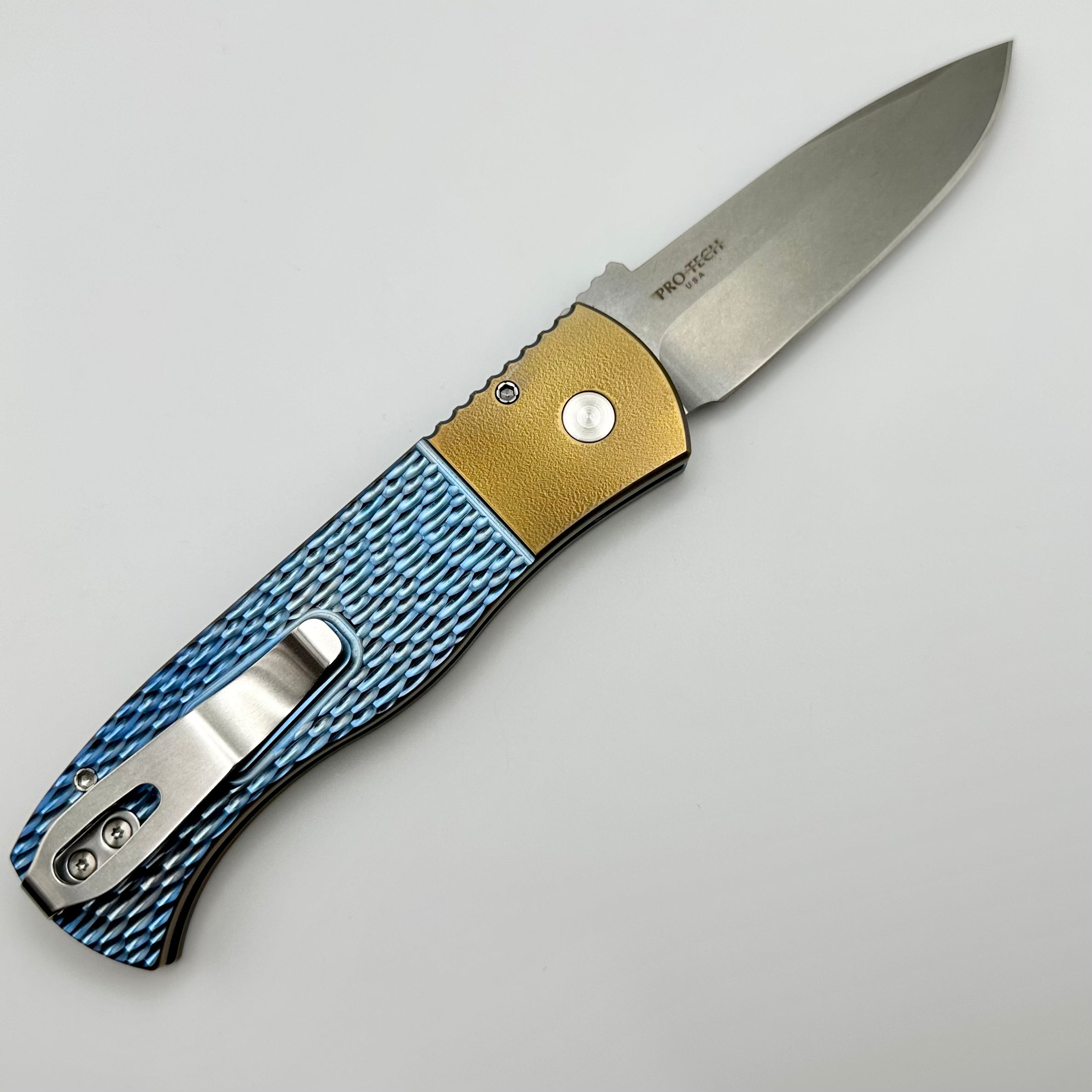 Pro-Tech Emerson Titanium Blue/Bronze Handle w/ Pearl Button & Stonewash 20CV Blade 2024 Emerson Custom.003