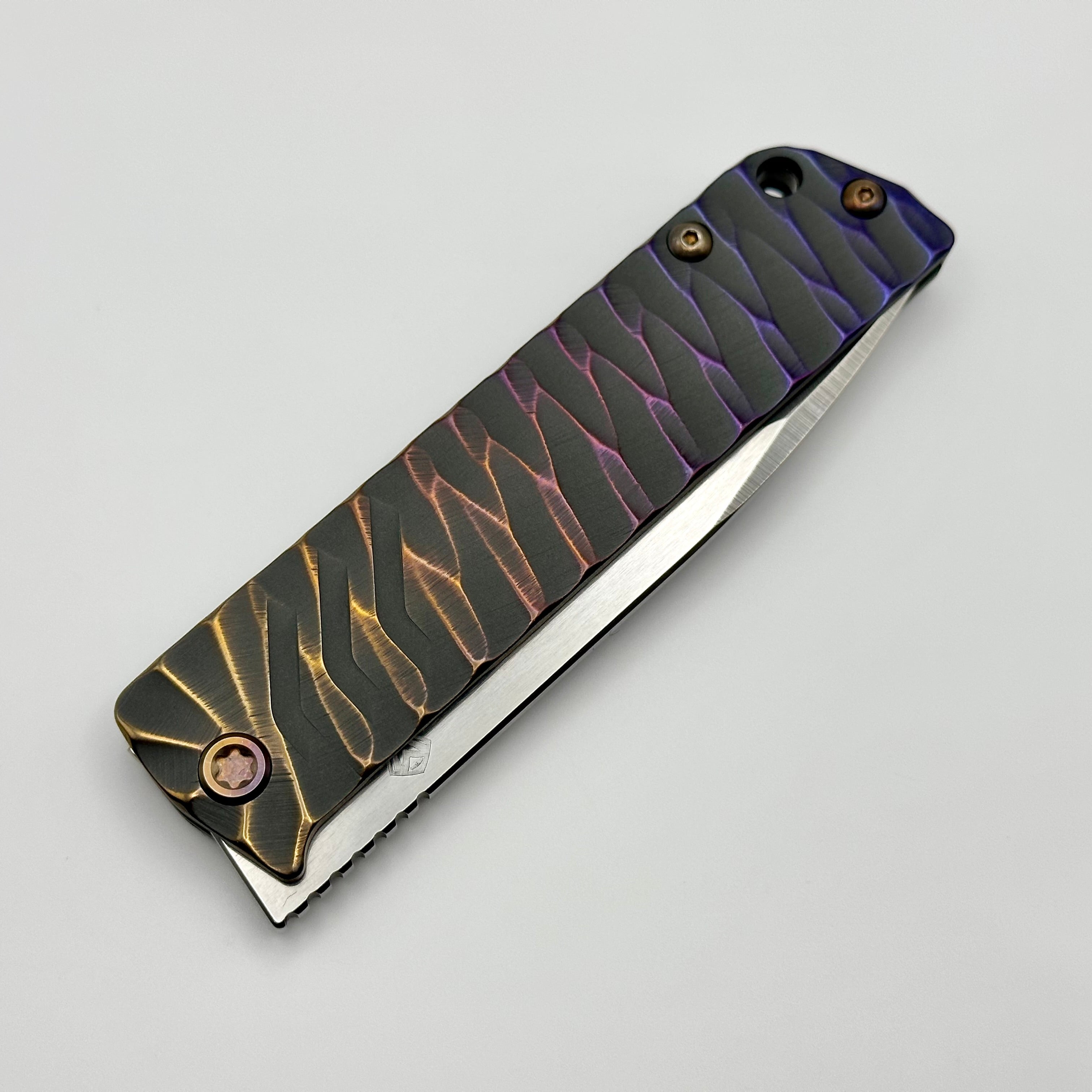 Medford Antik Front Flipper Tumbled S45 Drop Point & Bronze/Violet Predator Sculpted Titanium Handles