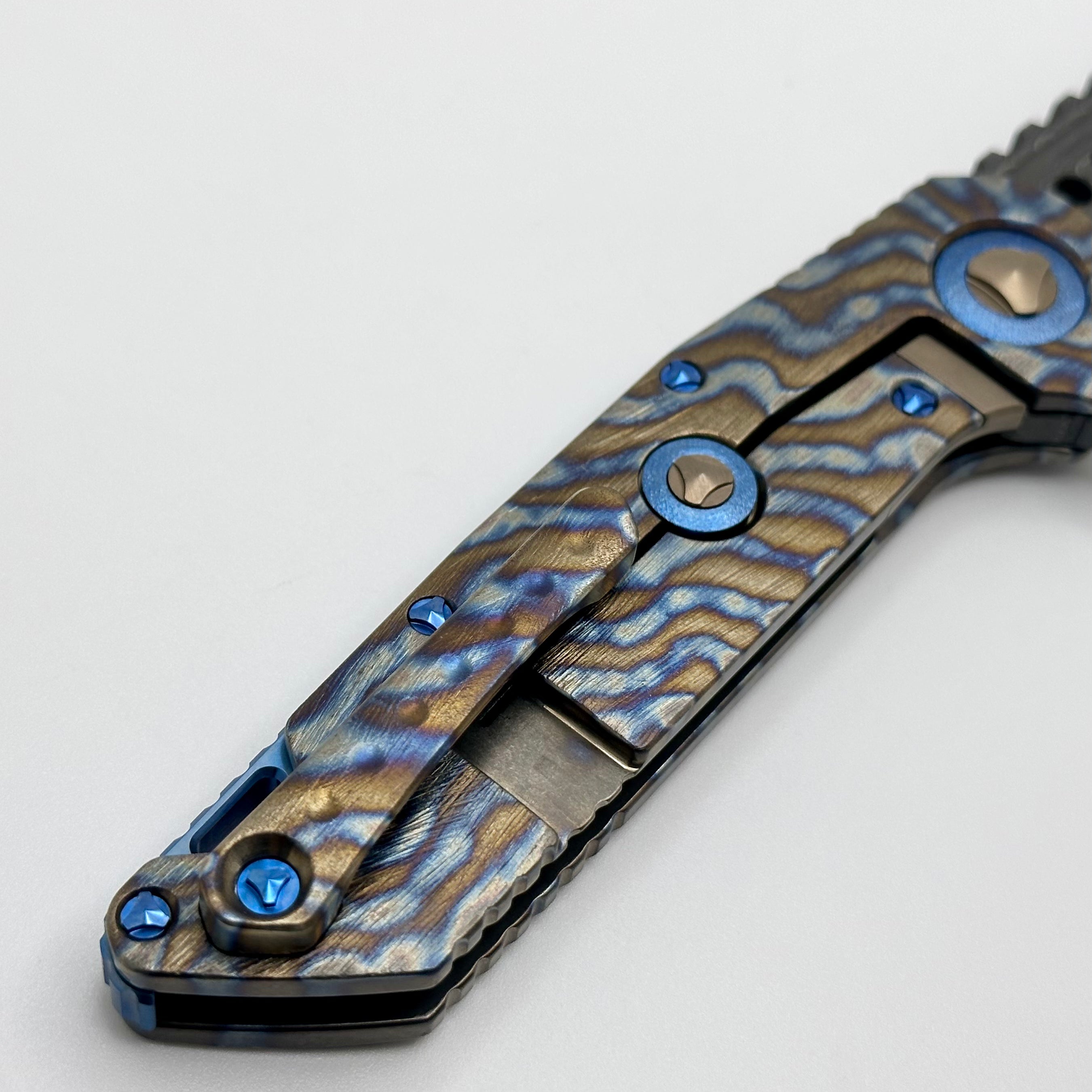 Marfione Custom Knives Warhound Flamed Barked Titanium w/ Blue Ti Hardware & Vegas Forge Stainless Reptilian Damascus Pattern #1