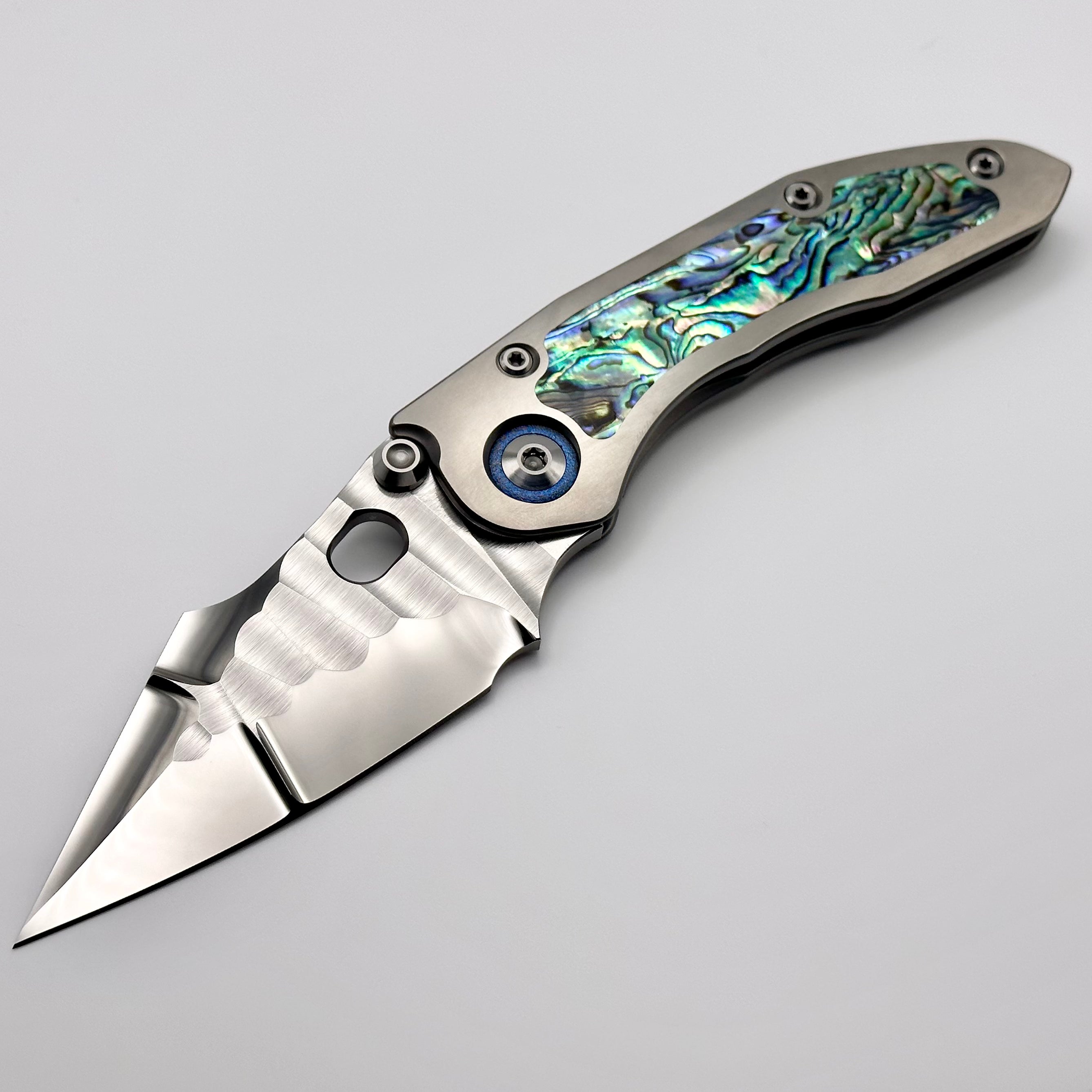 Marfione Custom Knives & Borka Blades Stitch w/ Diamond Wash Rocked Double Star Grind M390 & Abalone Inlaid Titanium