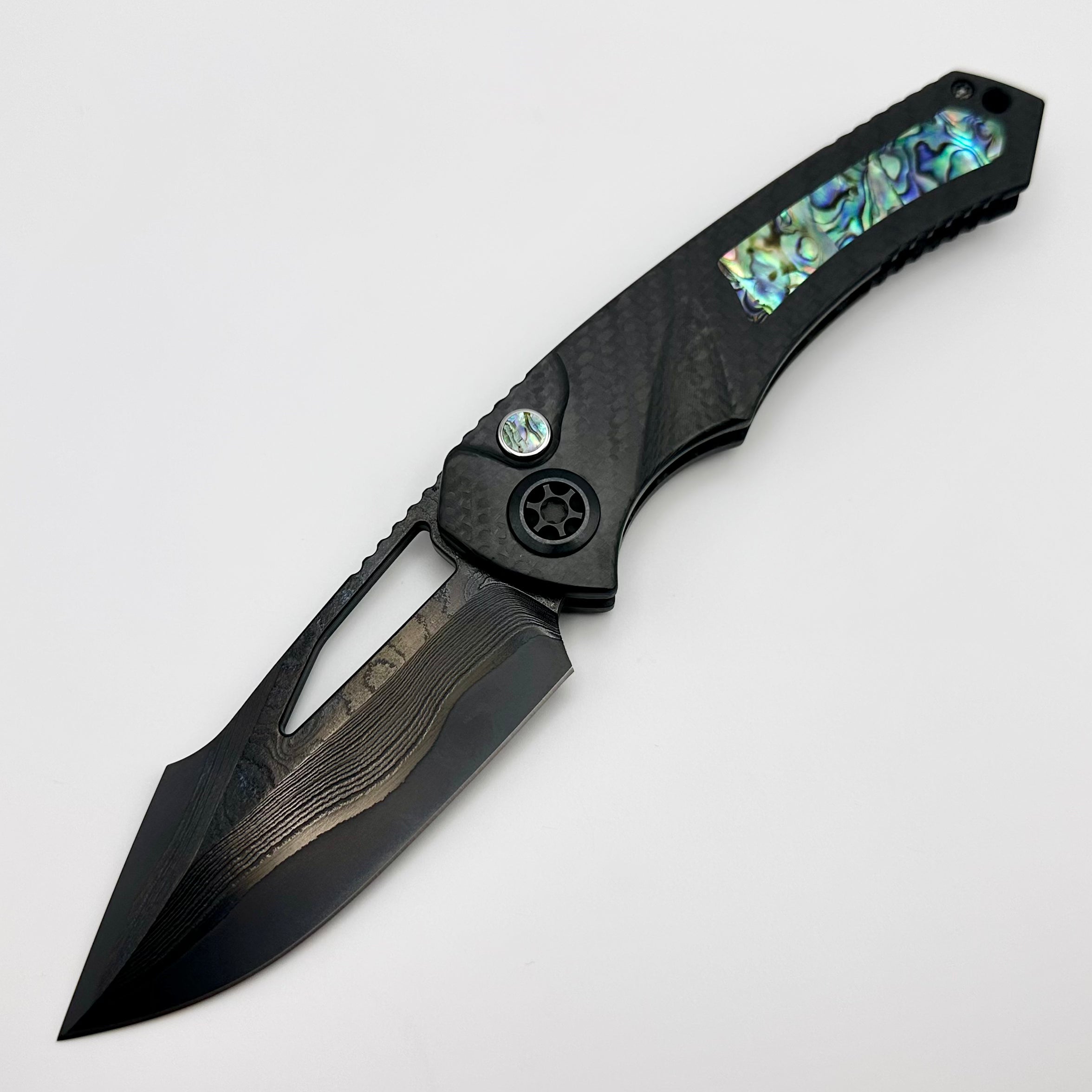 Heretic Knives Pariah Custom M/A Button Lock Carbon Fiber & Abalone Inlay w/ DLC Vegas Forge Wood Grain San Mai Damascus S/N 005