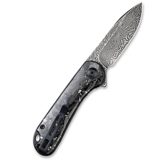 Civivi Elementum Flipper Knife - Shredded Carbon Fiber And Silvery Shred In Clear Resin Contoured Handle (2.96 Black Hand Rubbed Damascus) C 907C-DS2