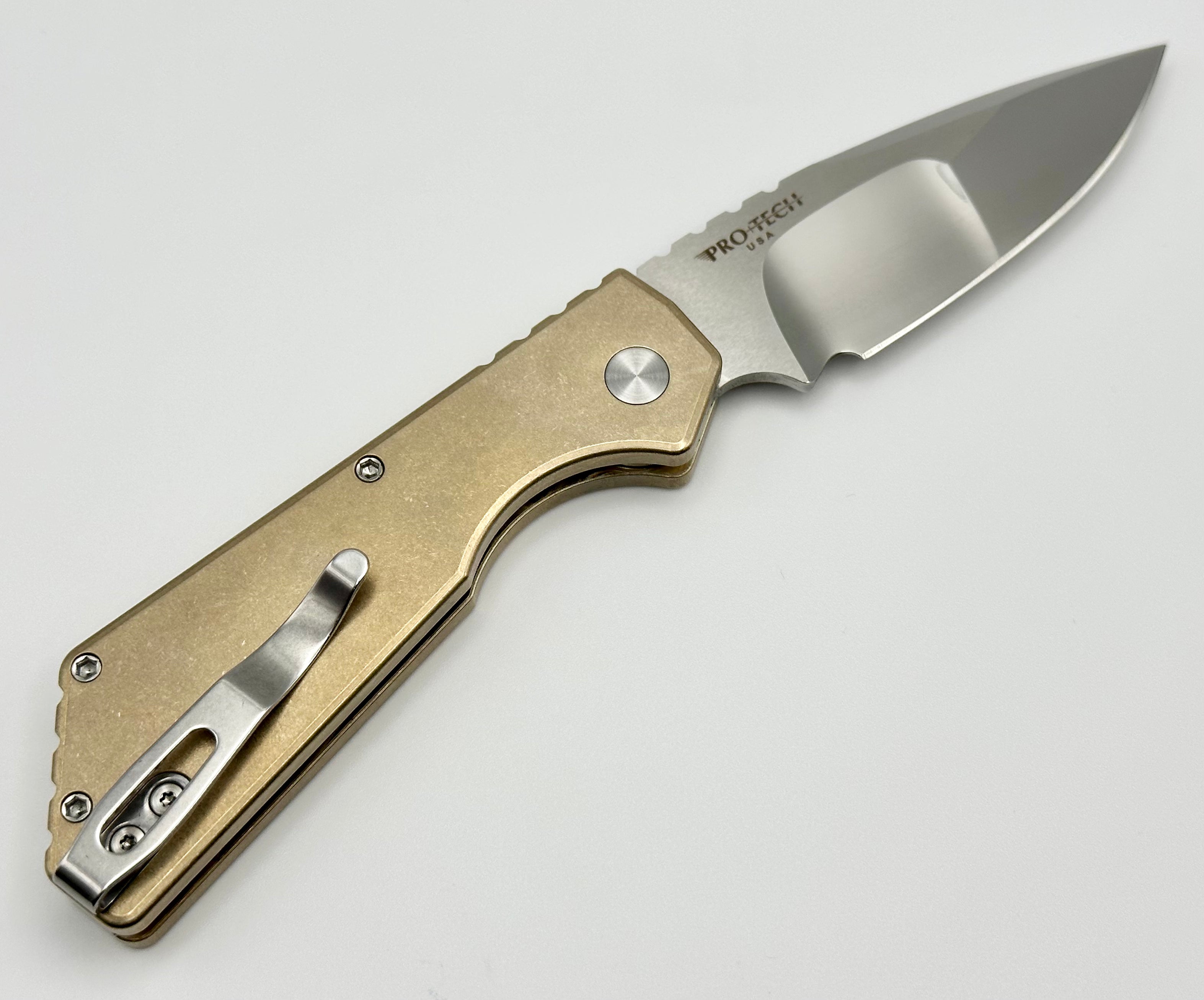 Pro-Tech PT Plus Stonewash ALBronze Handle w/ Mother of Pearl Button & Hand Mirrored Compound Mike Irie Blade 2023 Strider PT+ .001