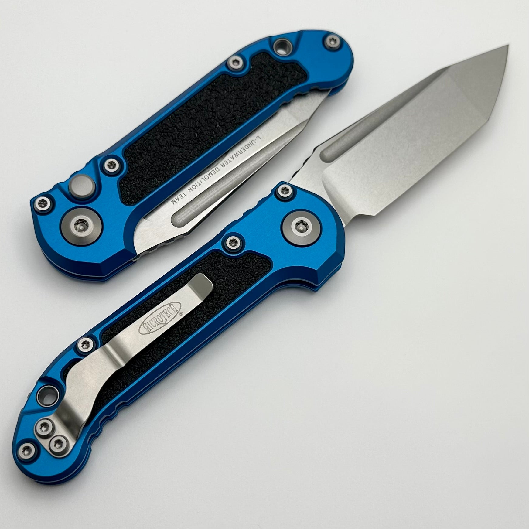 Microtech Knives LUDT Gen III Stonewash Tanto w/ Blue Handle 1136-10BL