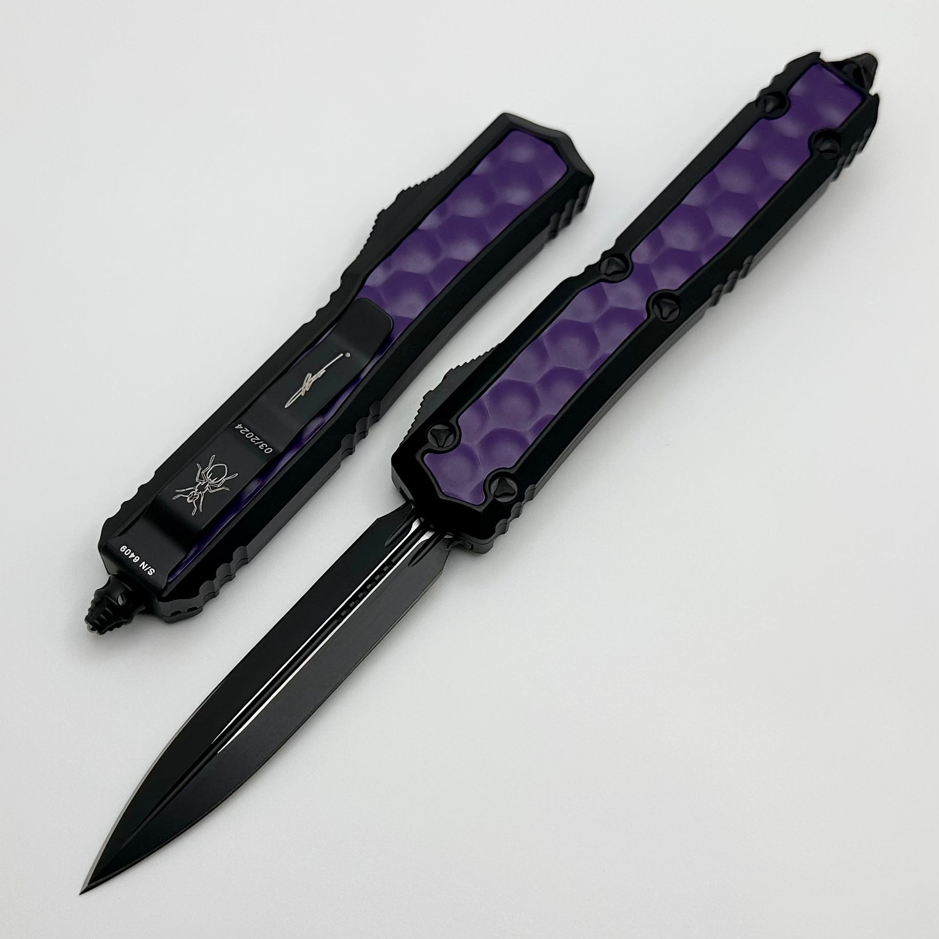 Microtech Makora Black D/E w/ Purple Bubble Inlays & Nickel Boron Internals Signature Series 206-1BIPUS