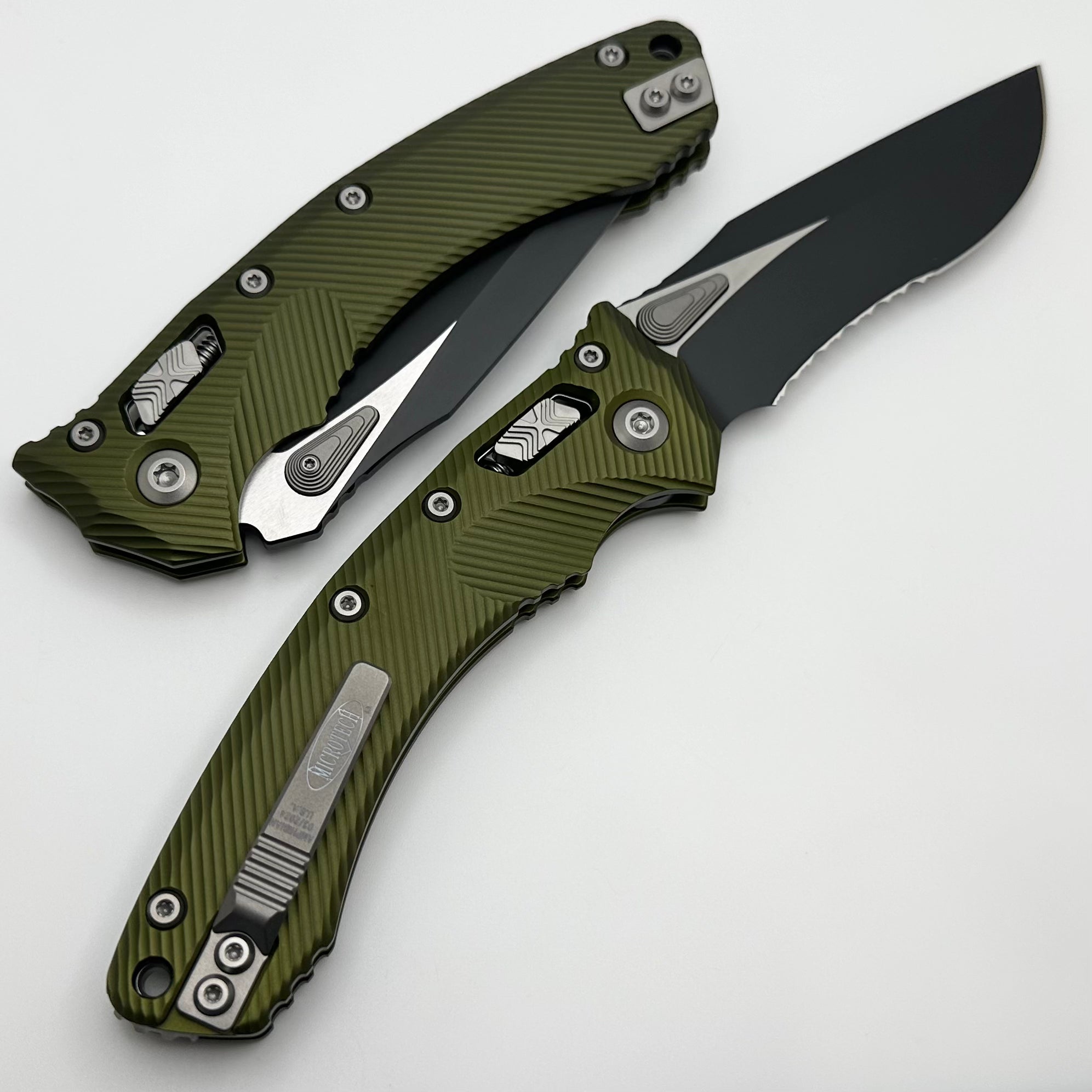 Microtech Amphibian RAM LOK OD Green Fluted Aluminum & Black Partial Serrated M390MK 137RL-2FLOD