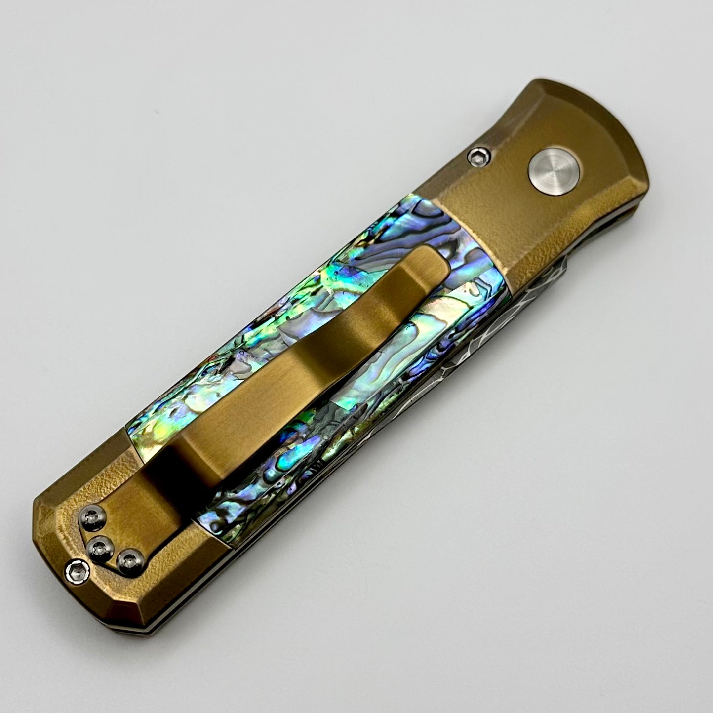 Pro-Tech Godson Bronze Titanium & Abalone Inlays w/ Vegas Forge Damascus Blade 2024 Godson Custom.002