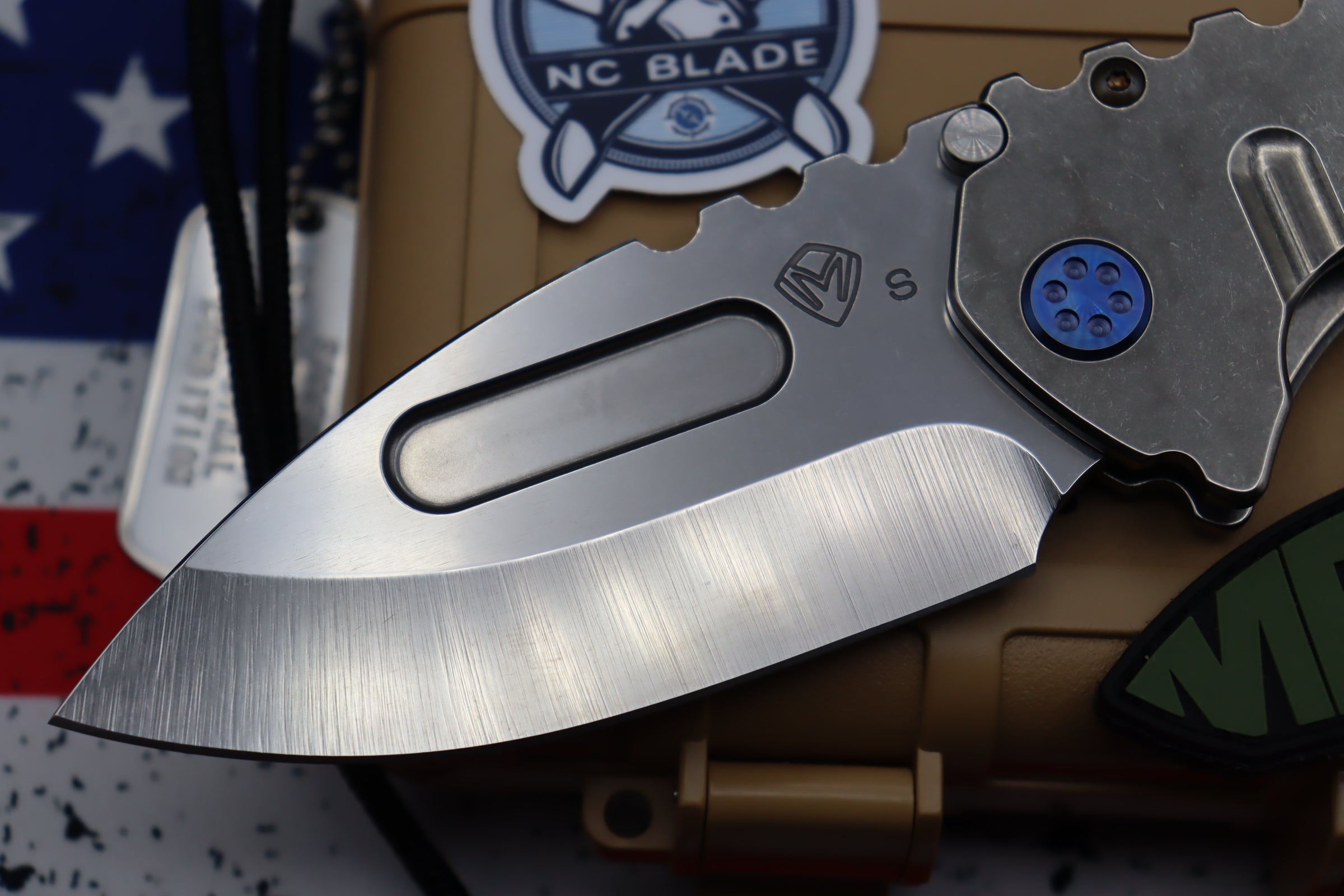 Medford Knife Praetorian T “We The People” Engraved & Blue Hardware with S35 Drop Point 106-047