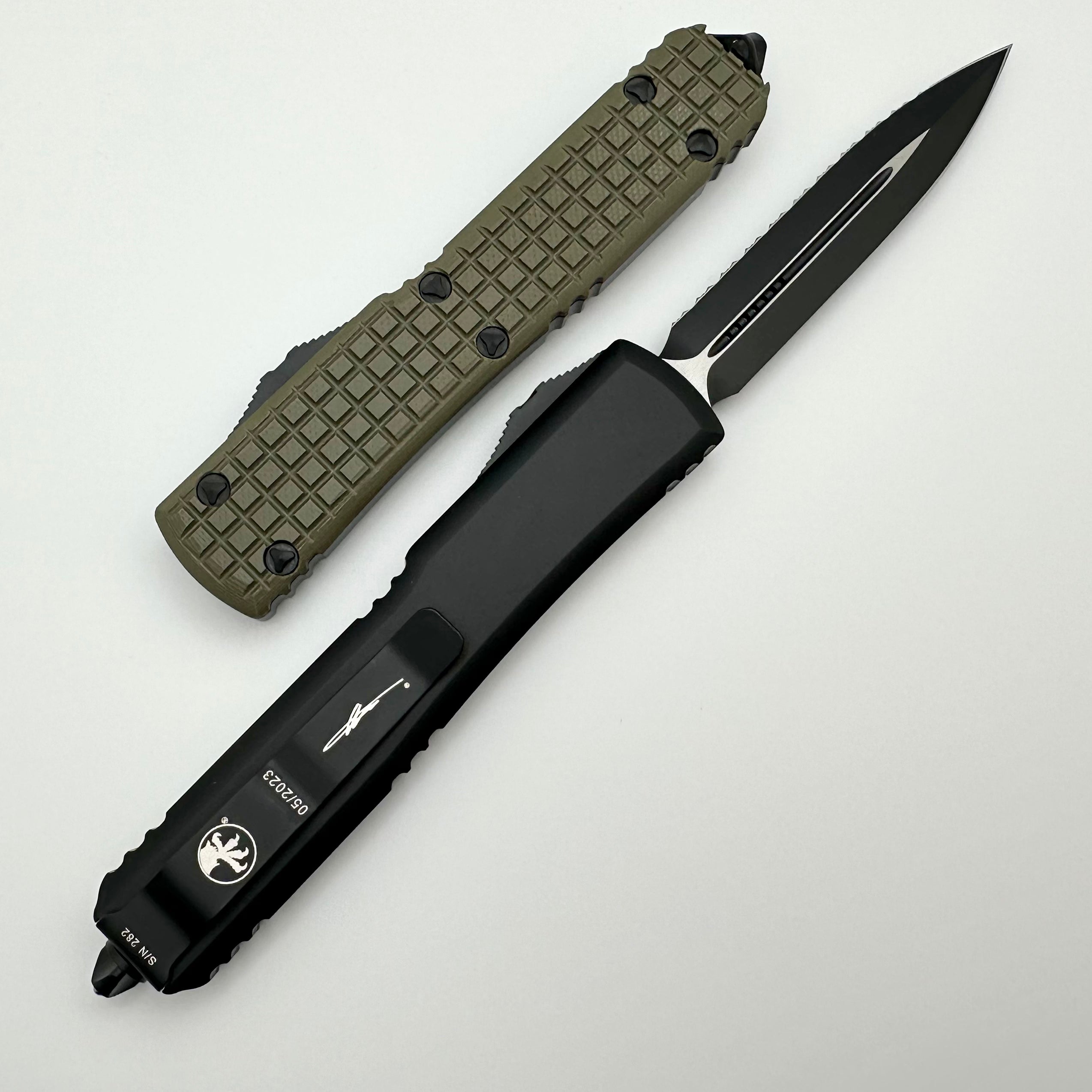 Microtech Ultratech OD Green Frag G-10 Top Tactical Standard & Double Edge Full Serrated Signature Series 122-3FRGTODS