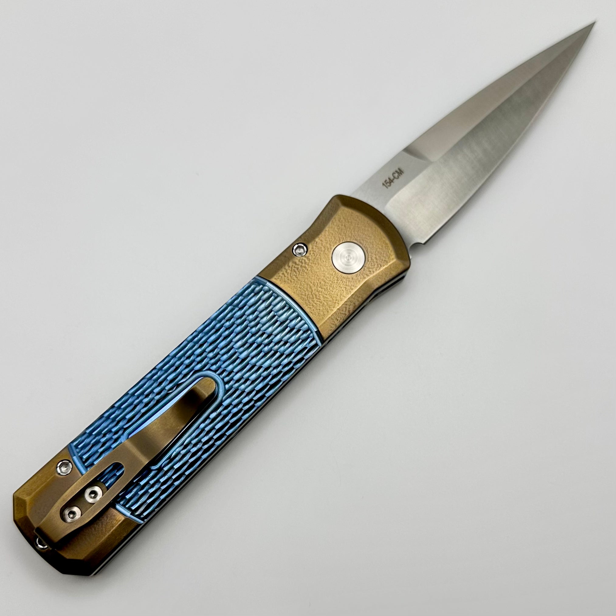 Pro-Tech Godson Bronze Ti Bolsters & Blue Jigged Ti w/ Pearl Button & Satin Blade 2024 Godson Custom.003