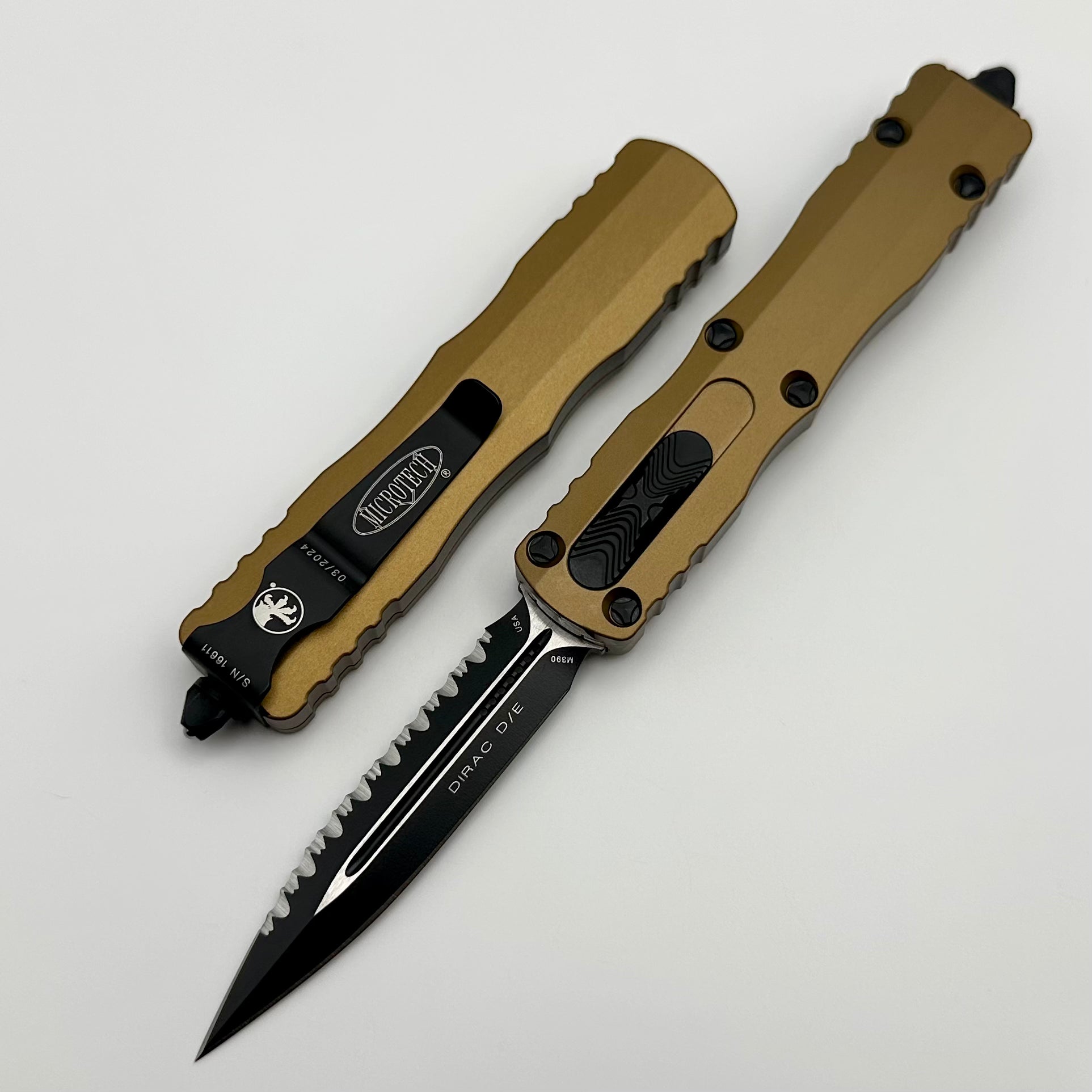 Microtech Dirac Double Edge Black Full Serrated & Tan 225-3TA