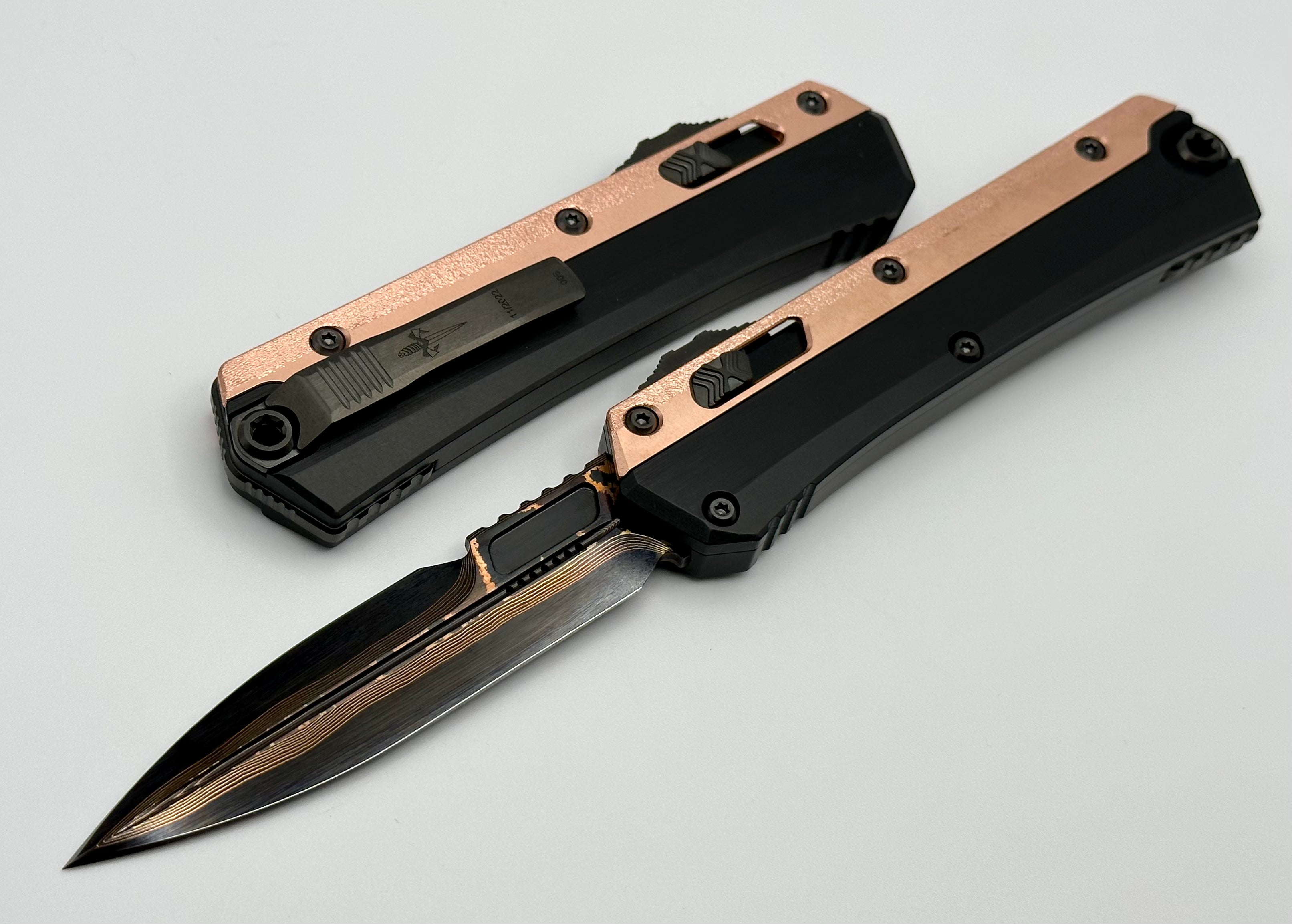 Marfione Custom Knives Glykon Hot Blued Baker Forge Tiger Mai Bayonet w/ Hefted Black Aluminum Handle & Stippled Copper Overlay ONE PER HOUSEHOLD