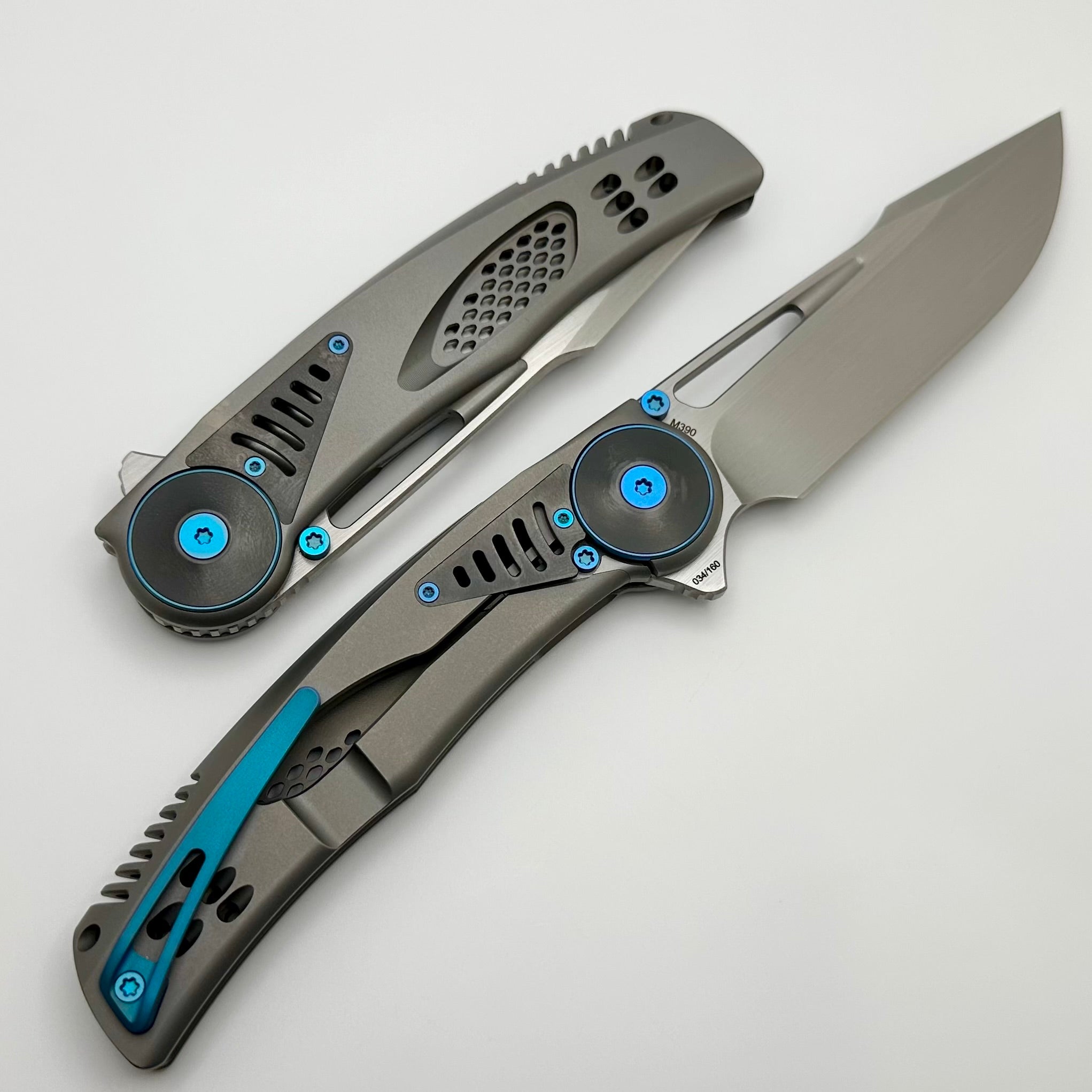 Reate Knives GTR Titanium Integral Bead Blast w/ Zirconium Accents w/ Blue Hardware & Hand Satin M390