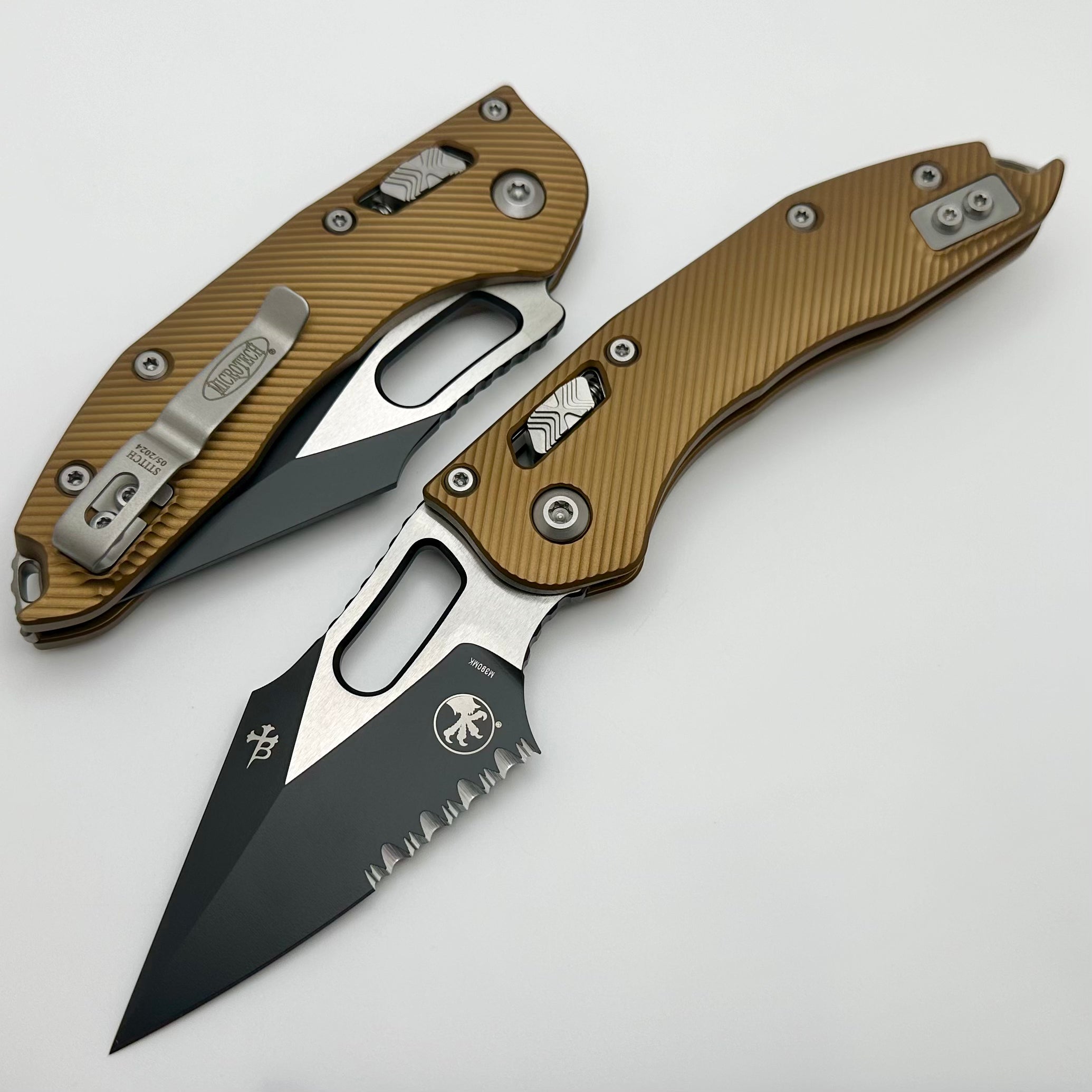 Microtech Knives Manual Stitch RAM LOK Fluted Tan Aluminum & Two Tone Black Partial Serrated M390MK 169RL-2FLTA