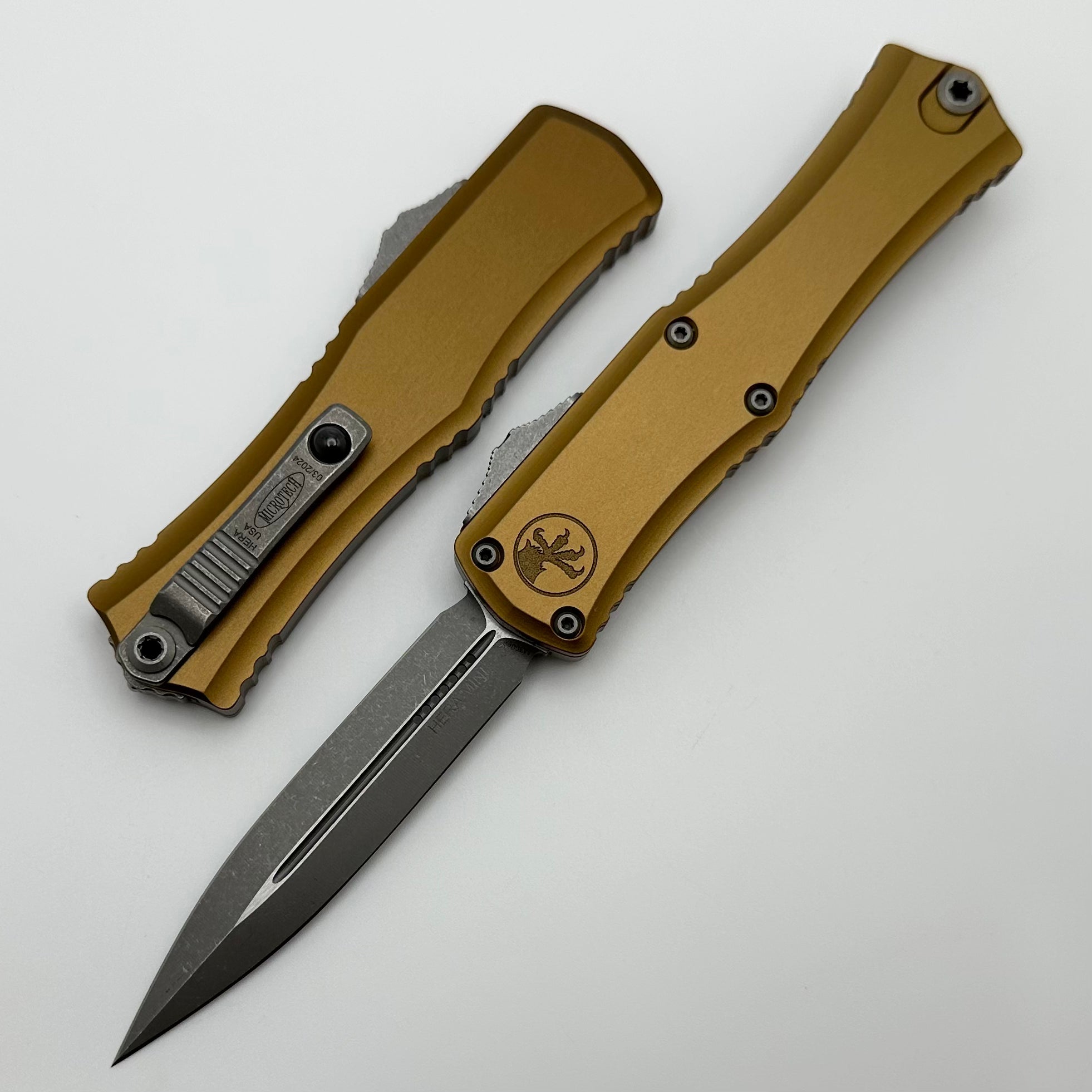 Microtech Knives Mini Hera Apocalyptic Double Edge M390MK w/ Tan Handle 1702M-10APTA