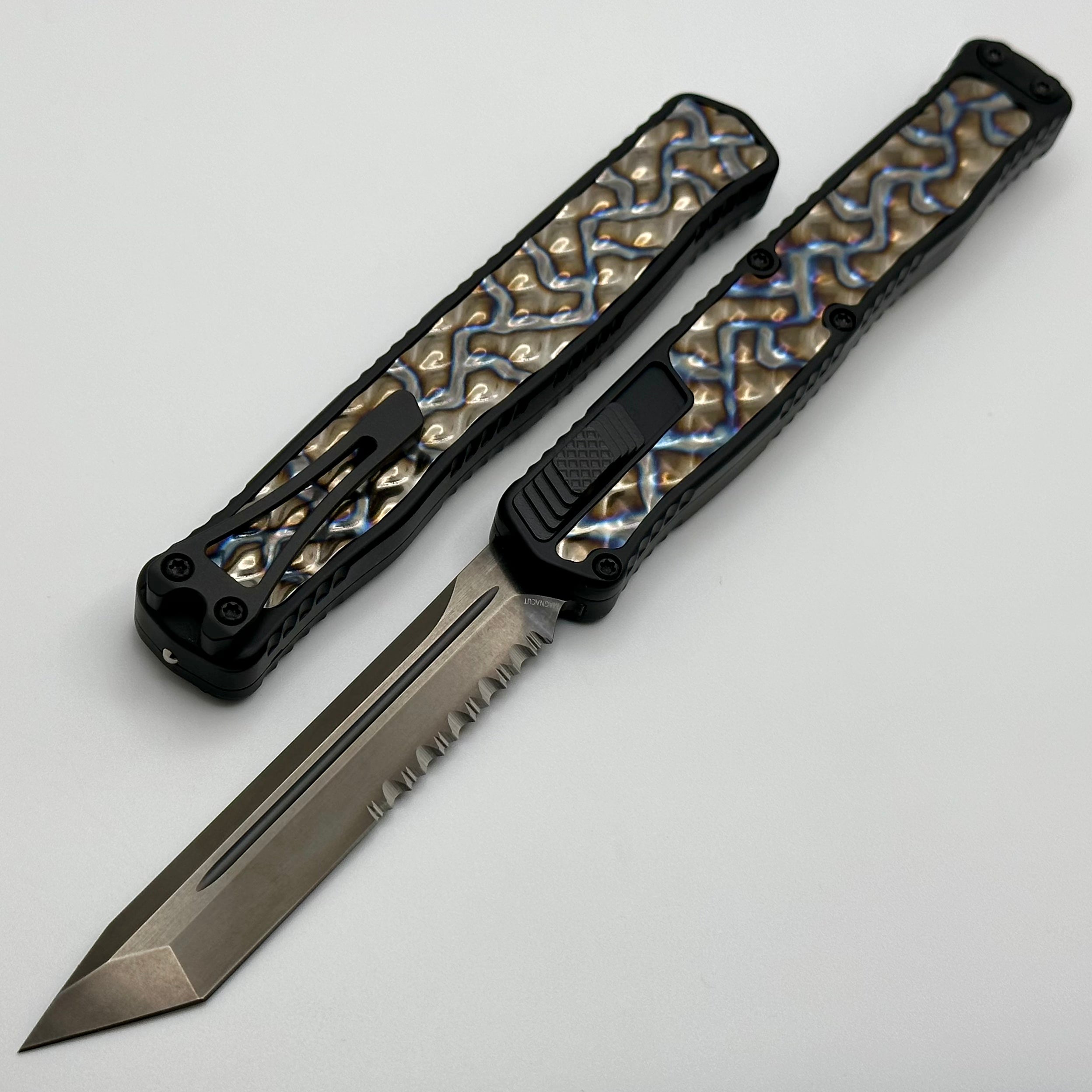 Heretic Knives Cleric II 2 Flamed Titanium Inlays & DLC Partial Serrated Tanto Magnacut H019-6B-FTI