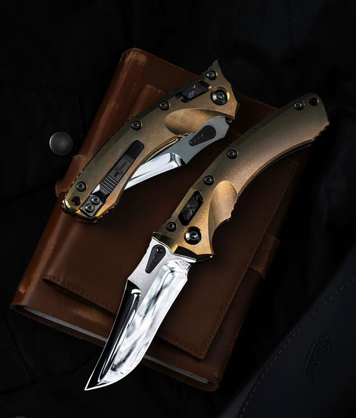 Marfione Custom Knives Amphibian RAM-LOK Persian Ground Mirror Polish M390 & Bronze Stonewash Titanium w/ DLC Two Tone Hardware