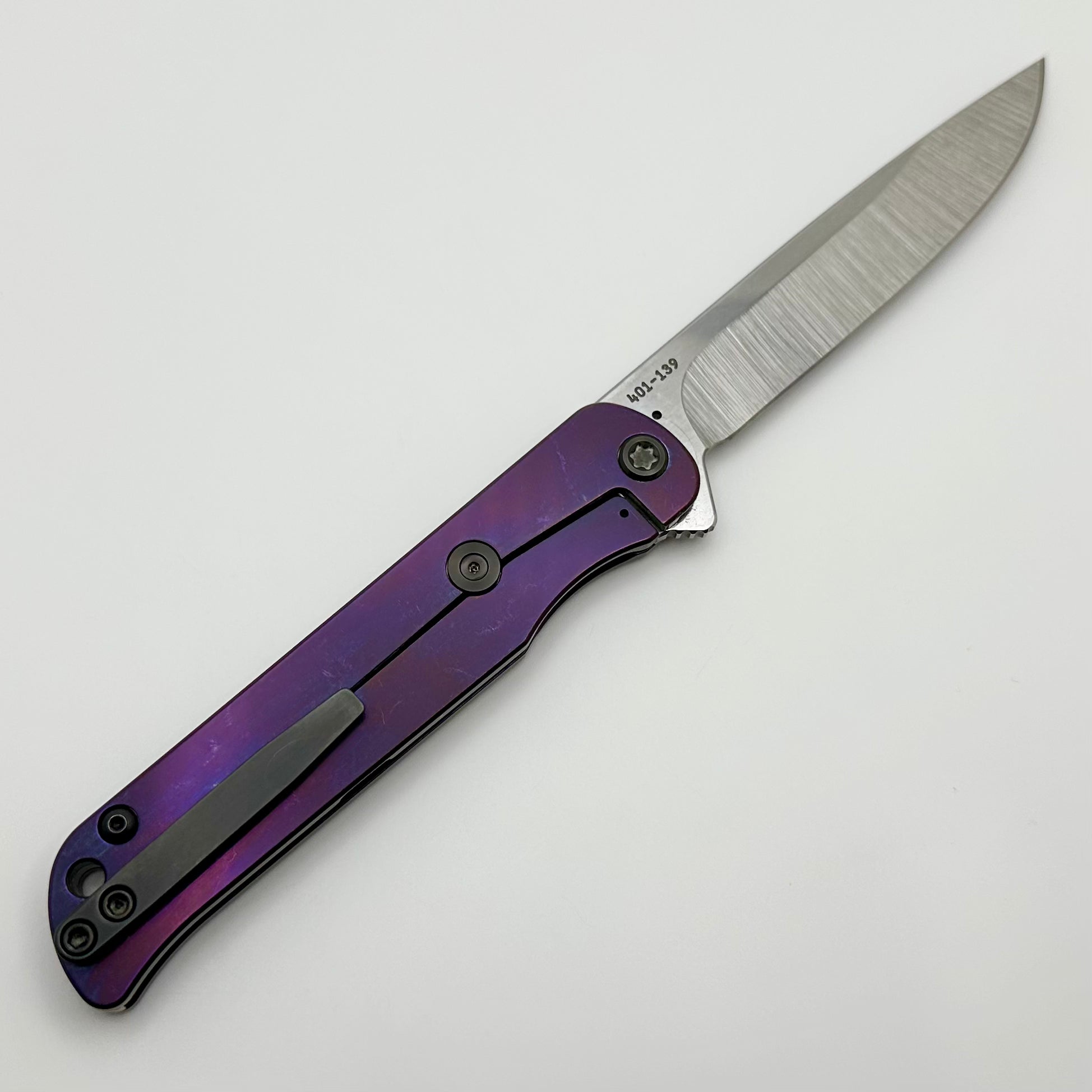 Medford T-Bone Bronze Tumbled Titanium Framelock Flipper w/ Violet Safari Handles & Black Hardware w/ Tumbled S45VN Drop Point