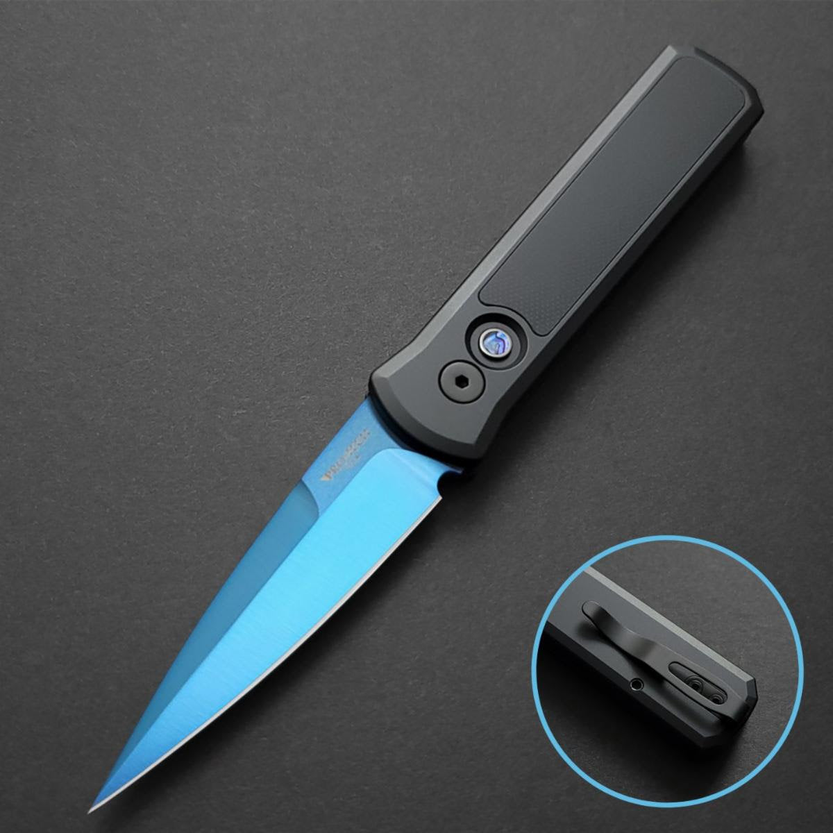 Pro-Tech Godson Black Handle w/ Abalone Button & G-10 Inlay w/ Sapphire Blue 154-CM Blade 755-SB