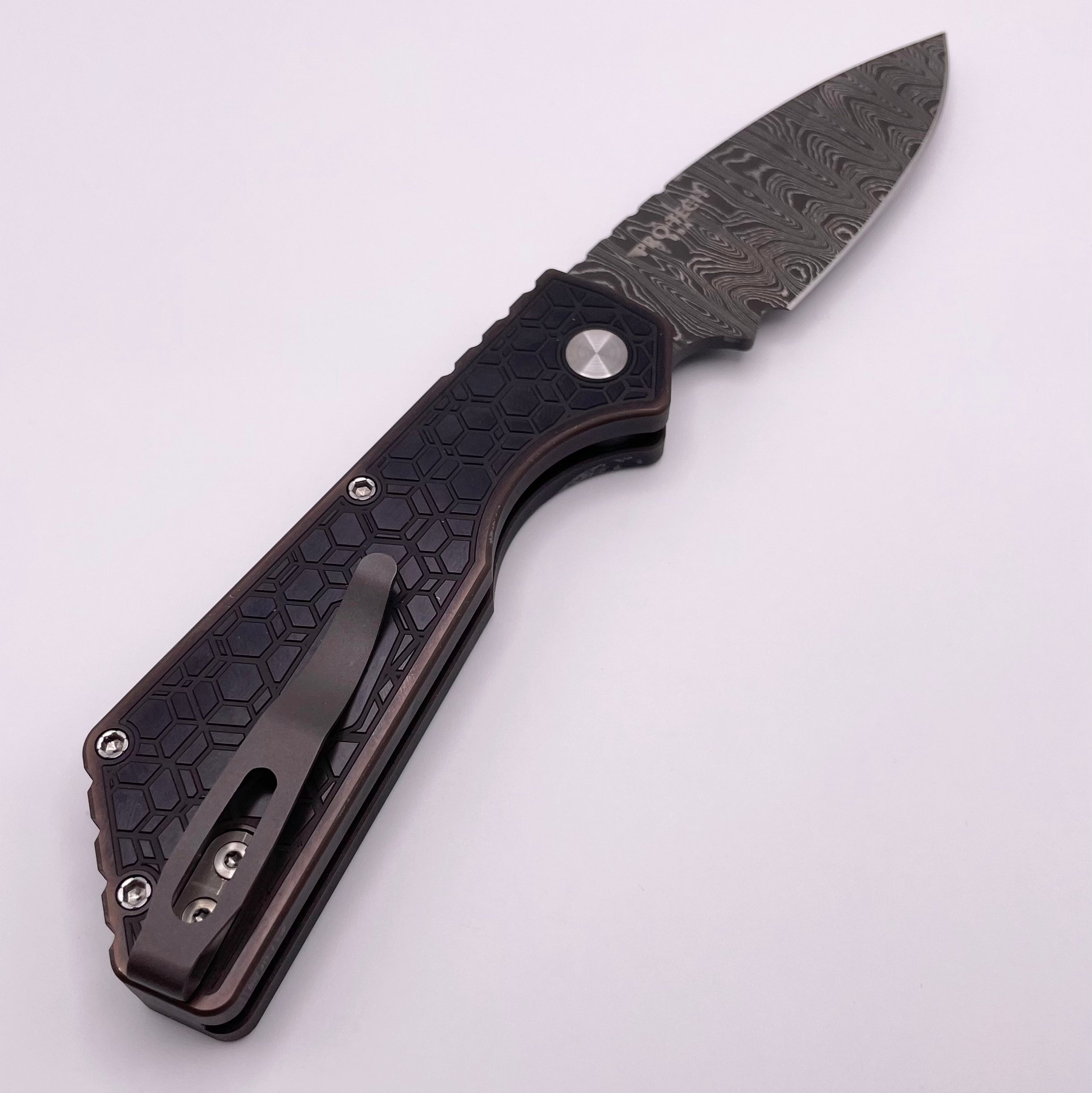 Pre Owned Pro-Tech PT Plus Antique PVD 17-4 Handle w/ Mother of Pearl Button & Nichols Damascus Blade 2023 Strider PT+ 007