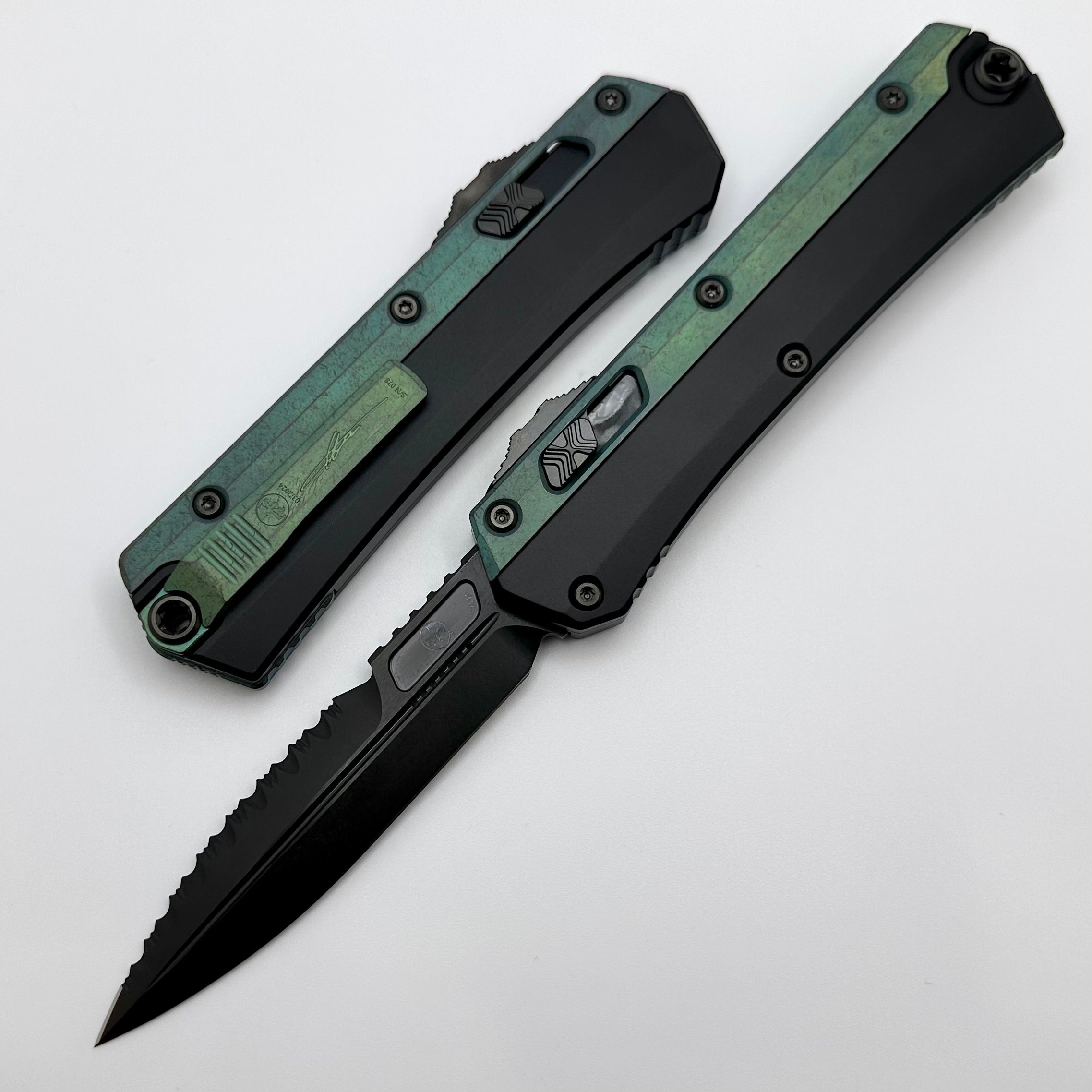 Microtech Glykon DLC Bayonet Part Serrated w/ Antique Green Anodized Accents Signature Series 184-2DLCAG