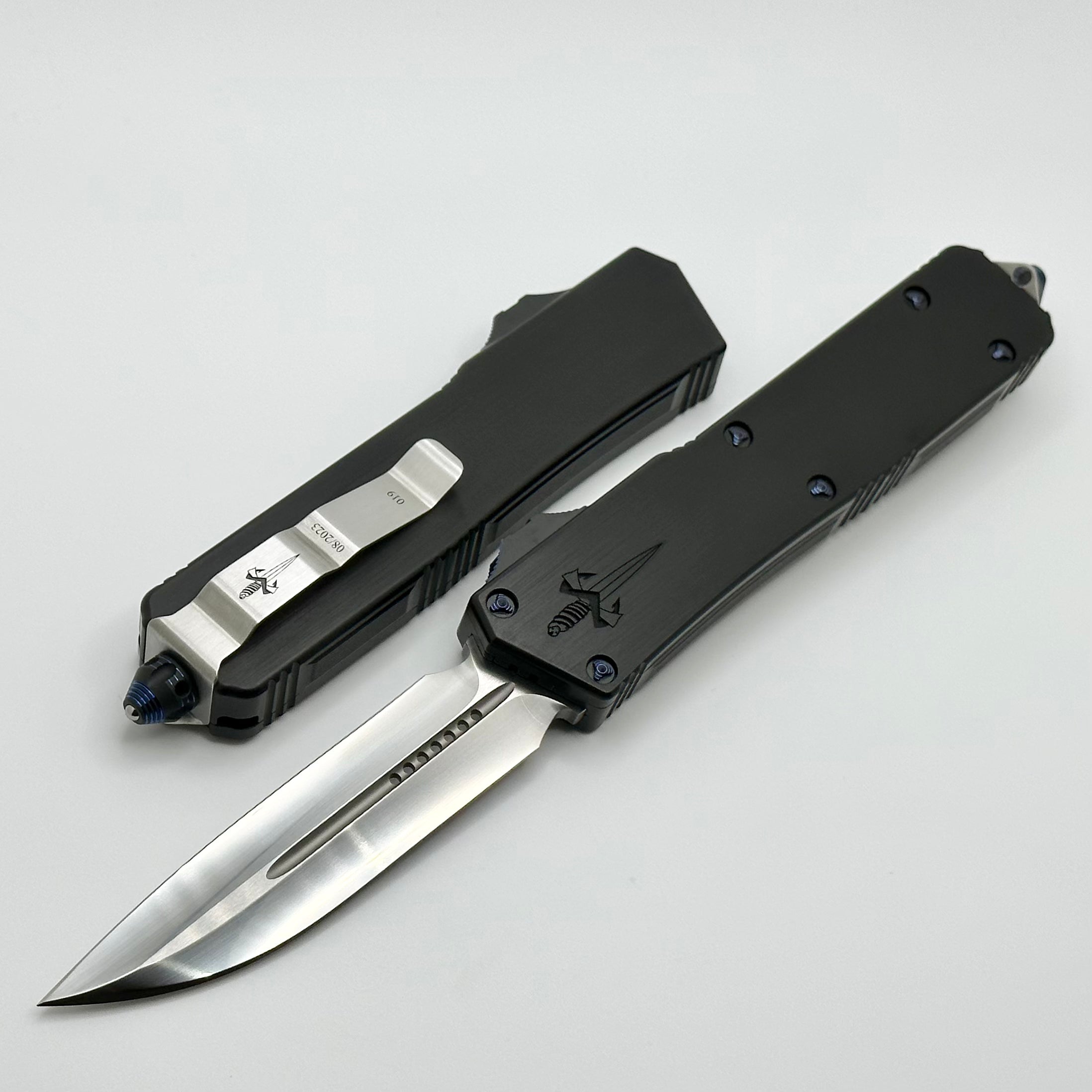 Marfione Custom Knives Scarab 2 DES Hand Satin M390 w/ Hefted Black Handle & Blue Ringed Ti Hardware