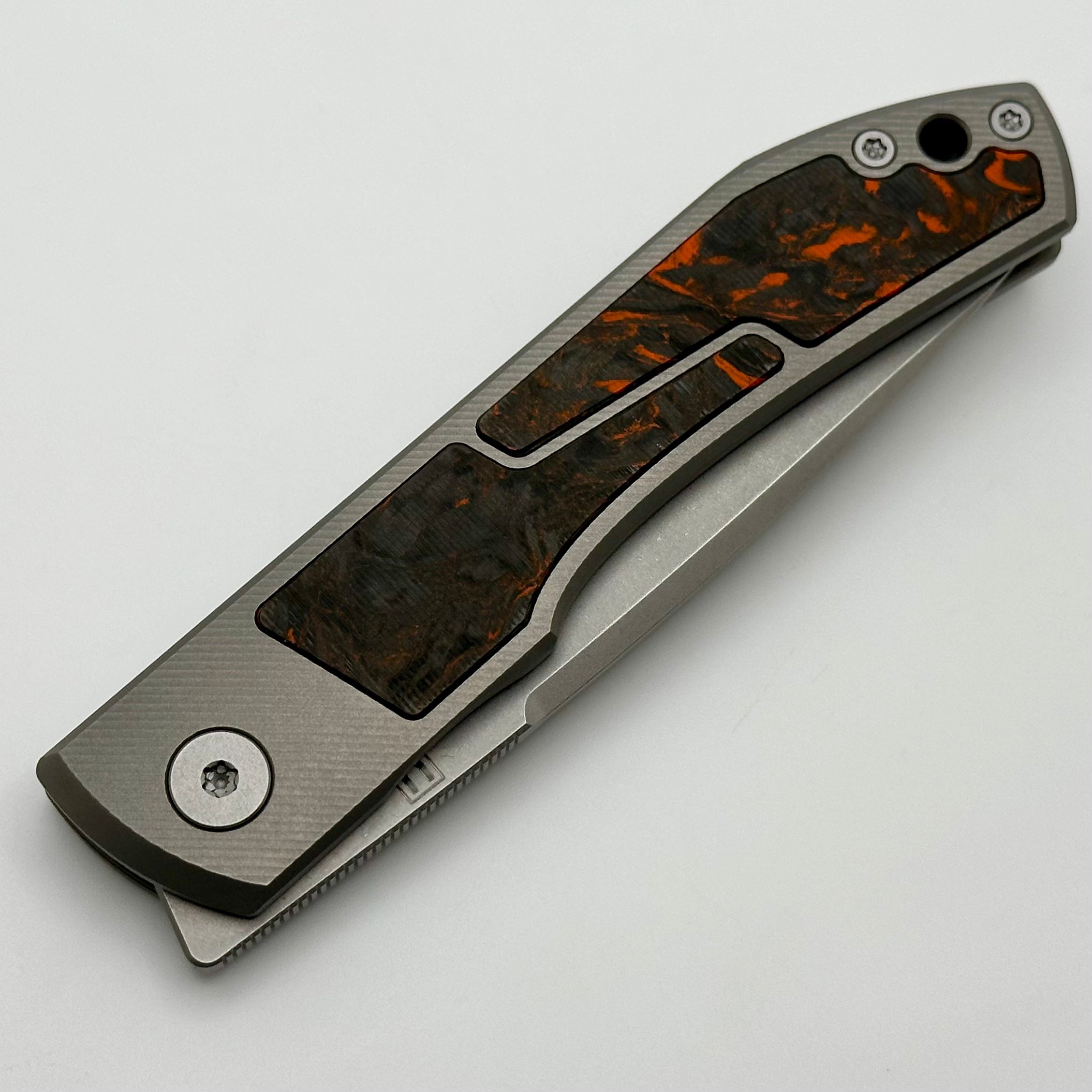 Uldanov Custom Knives Sierra w/ Milled Titanium/Orange Dark Matter Carbon Fiber Inlays & MagnaCut Front Flipper #73