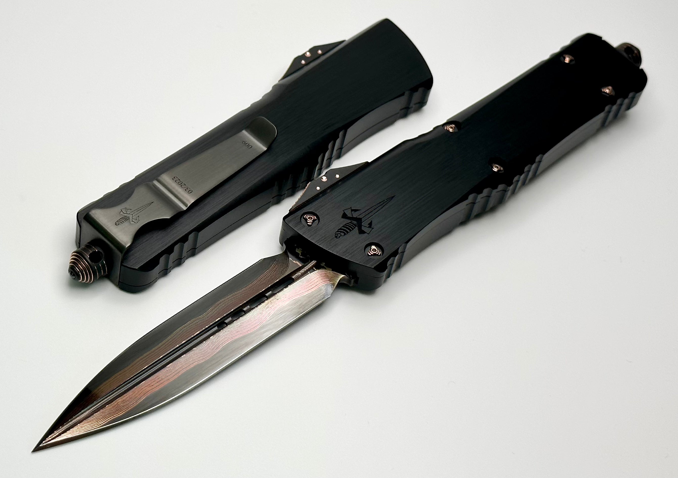 Marfione Custom Knives Combat Troodon D/E Tiger GoMai Blade w/ Hefted Black Handle & Copper Ringed Hardware