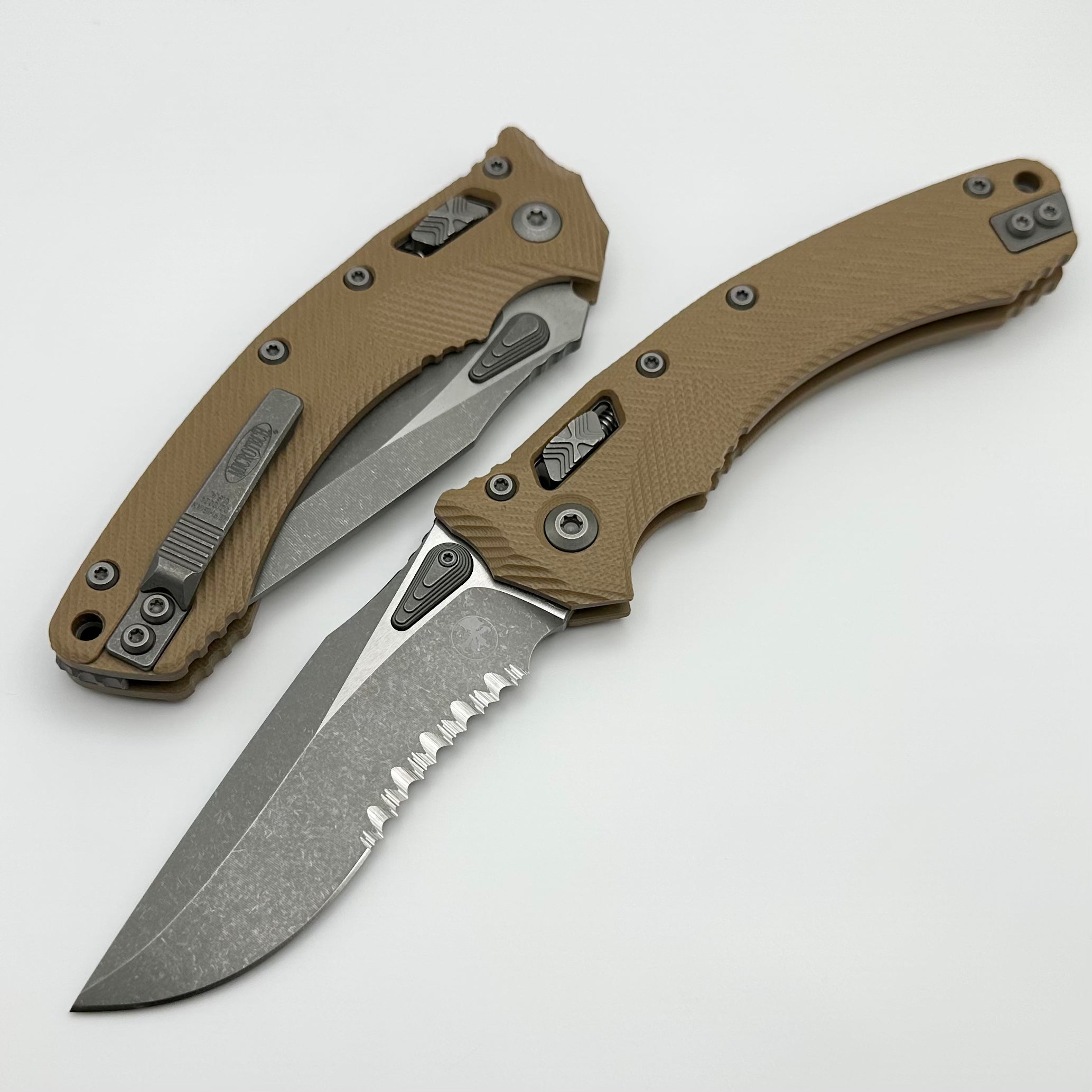 Microtech Amphibian RAM LOK Tan Fluted G-10 & Partial Serrated Apocalyptic M390MK 137RL-11APFLGTTA