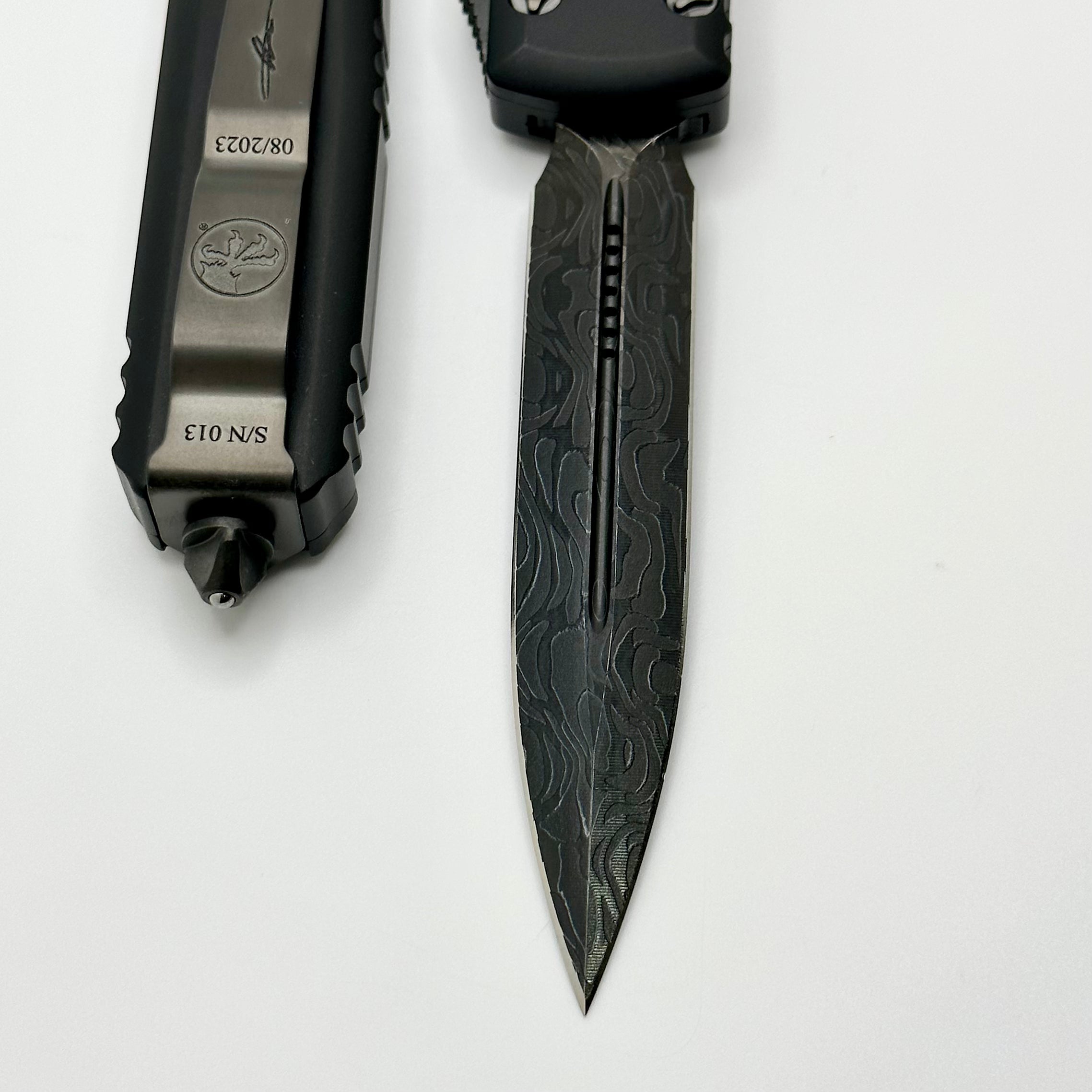 Microtech Ultratech DLC Damascus Pattern #1 Double Edge Shadow Signature Series 122-16DLCTSH